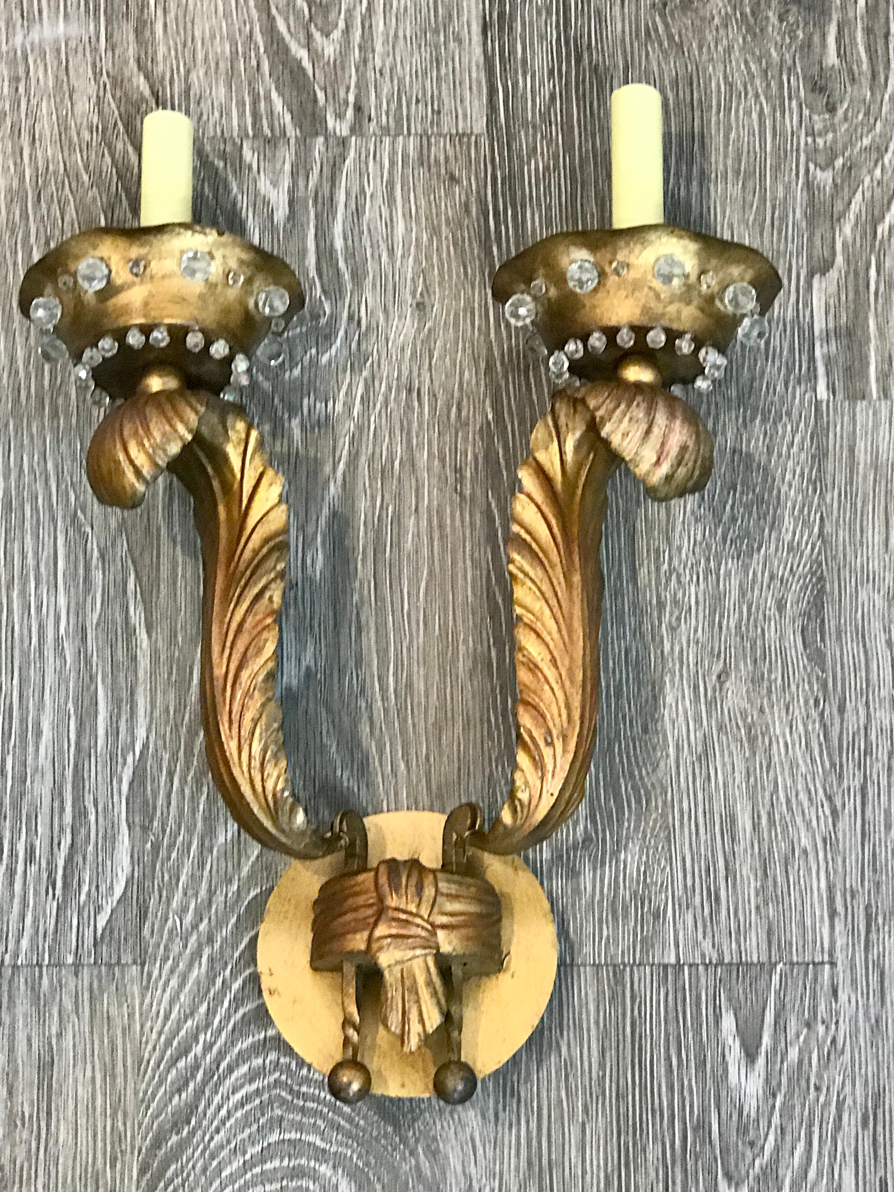 French Pair of Maison Jansen Gilt Feather Motif Wall Sconces For Sale