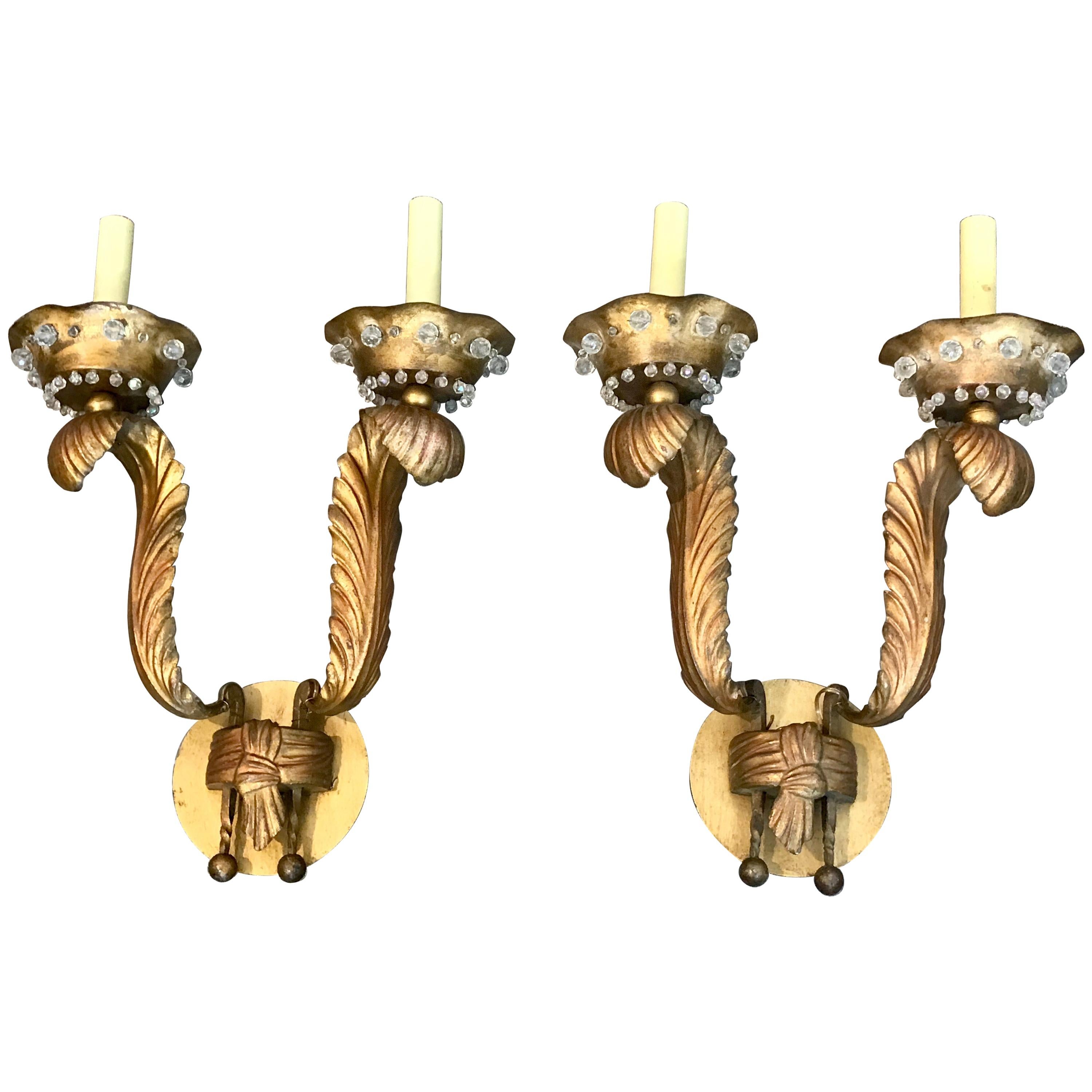Pair of Maison Jansen Gilt Feather Motif Wall Sconces