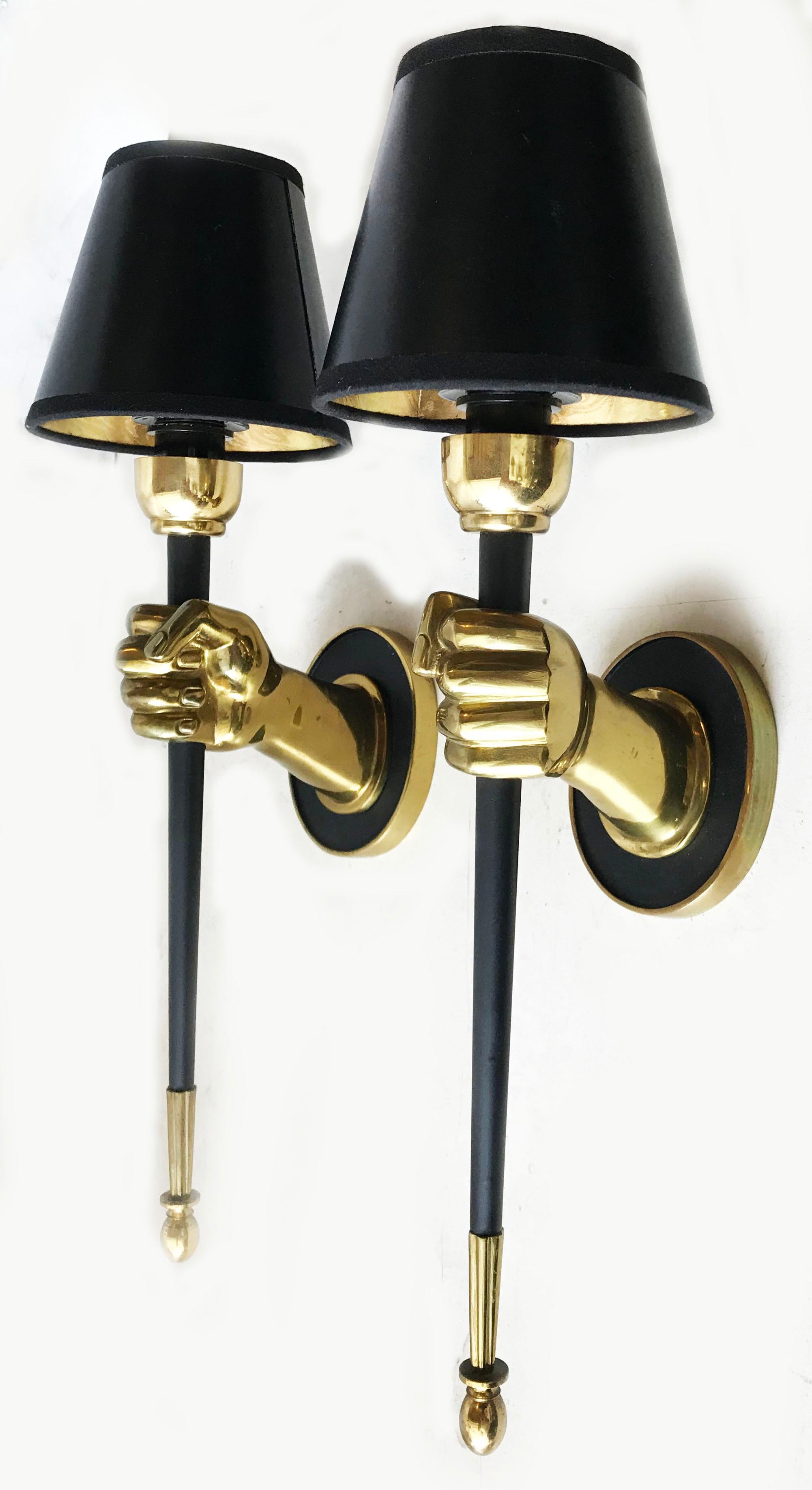 Superb pair of bronze sconces by Maison Jansen, 2 patinas bronze and black.
1 bulb, 60 watts max
US rewired and in working condition
Measures: Back plate 4.5