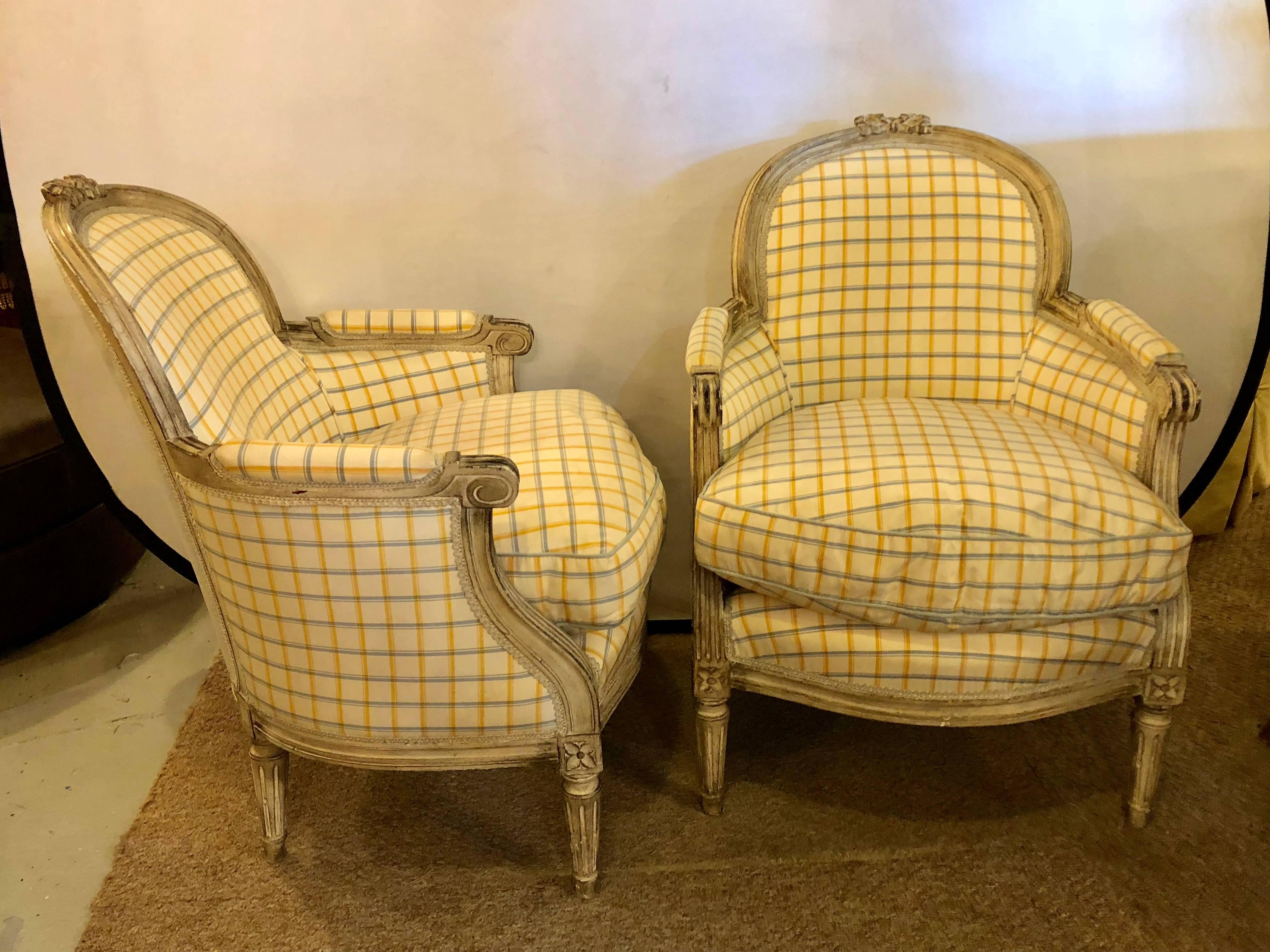 Pair of Maison Jansen Louis XVI Style Bergere Chairs in Burberry Fashion Fabric 3