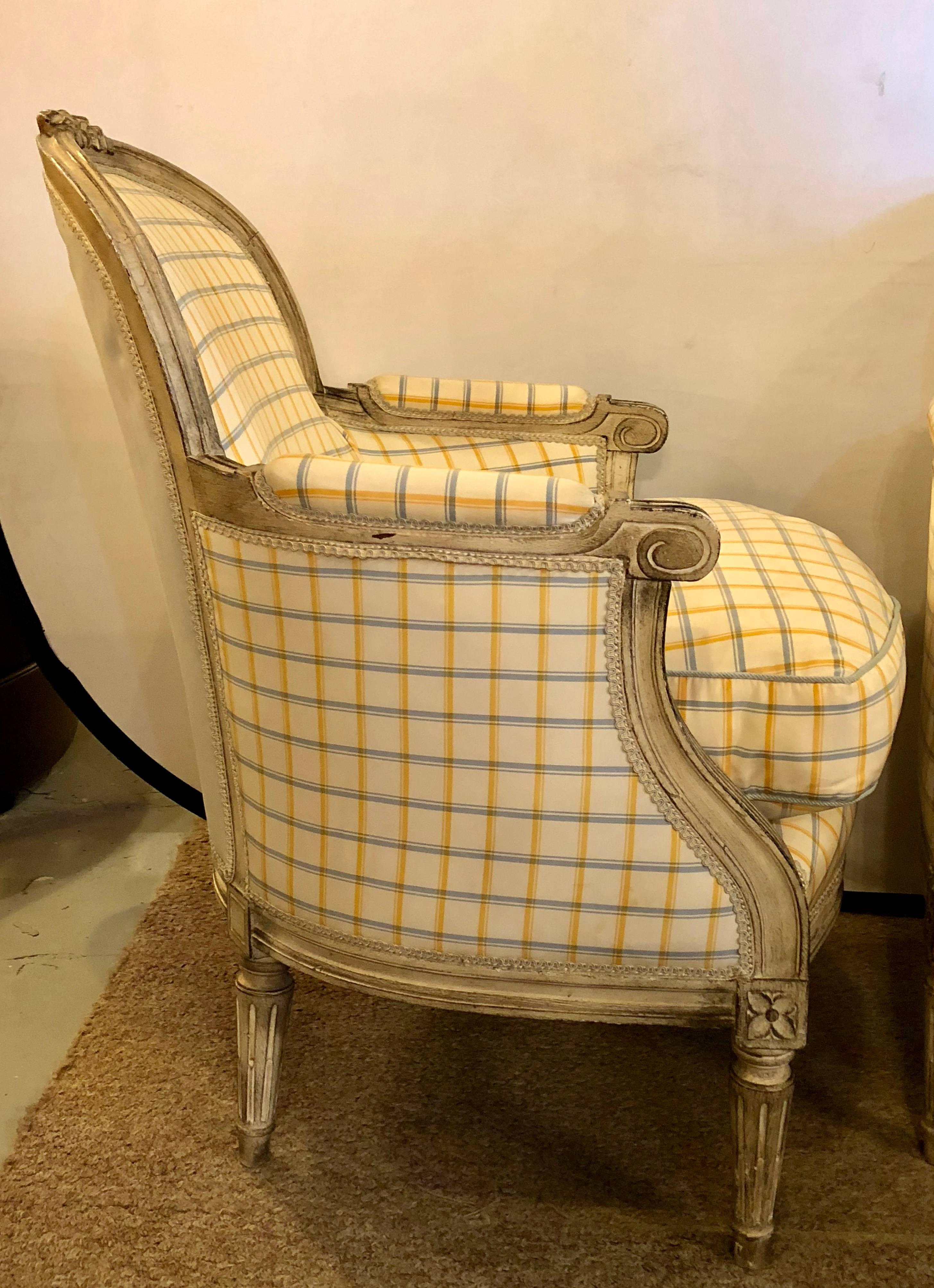 Pair of Maison Jansen Louis XVI Style Bergere Chairs in Burberry Fashion Fabric 4