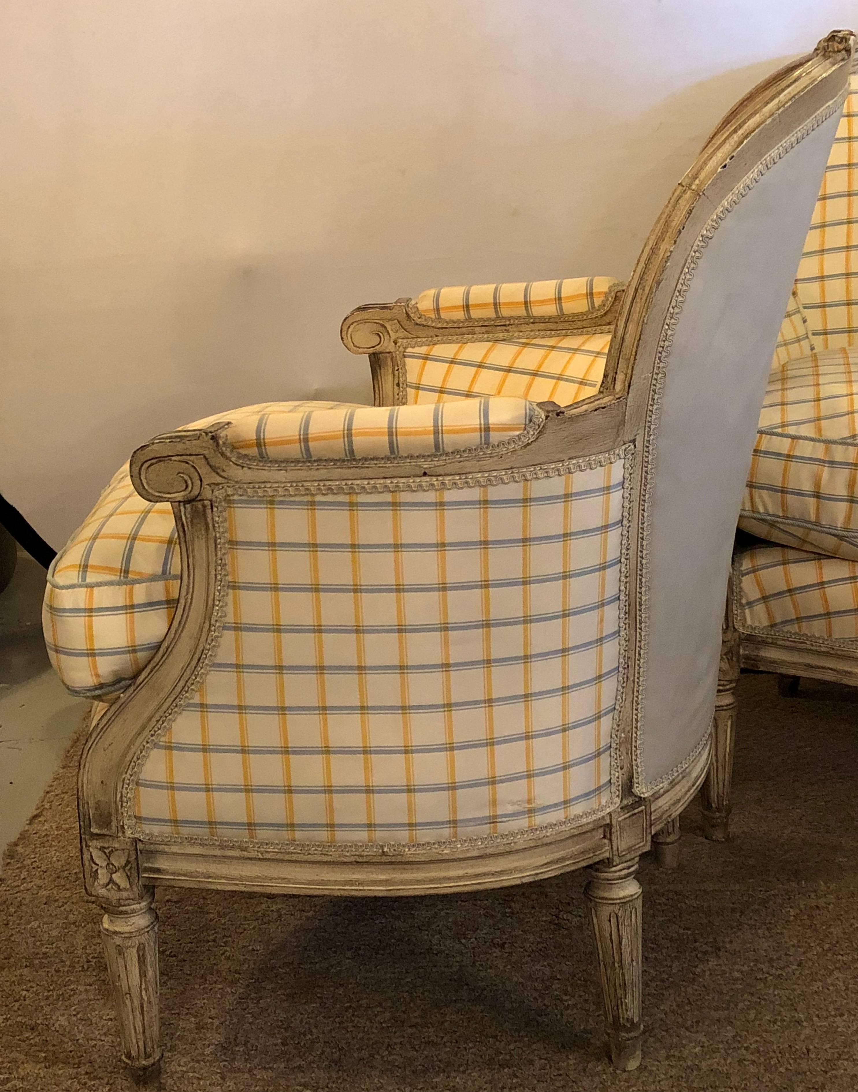 Pair of Maison Jansen Louis XVI Style Bergere Chairs in Burberry Fashion Fabric 6