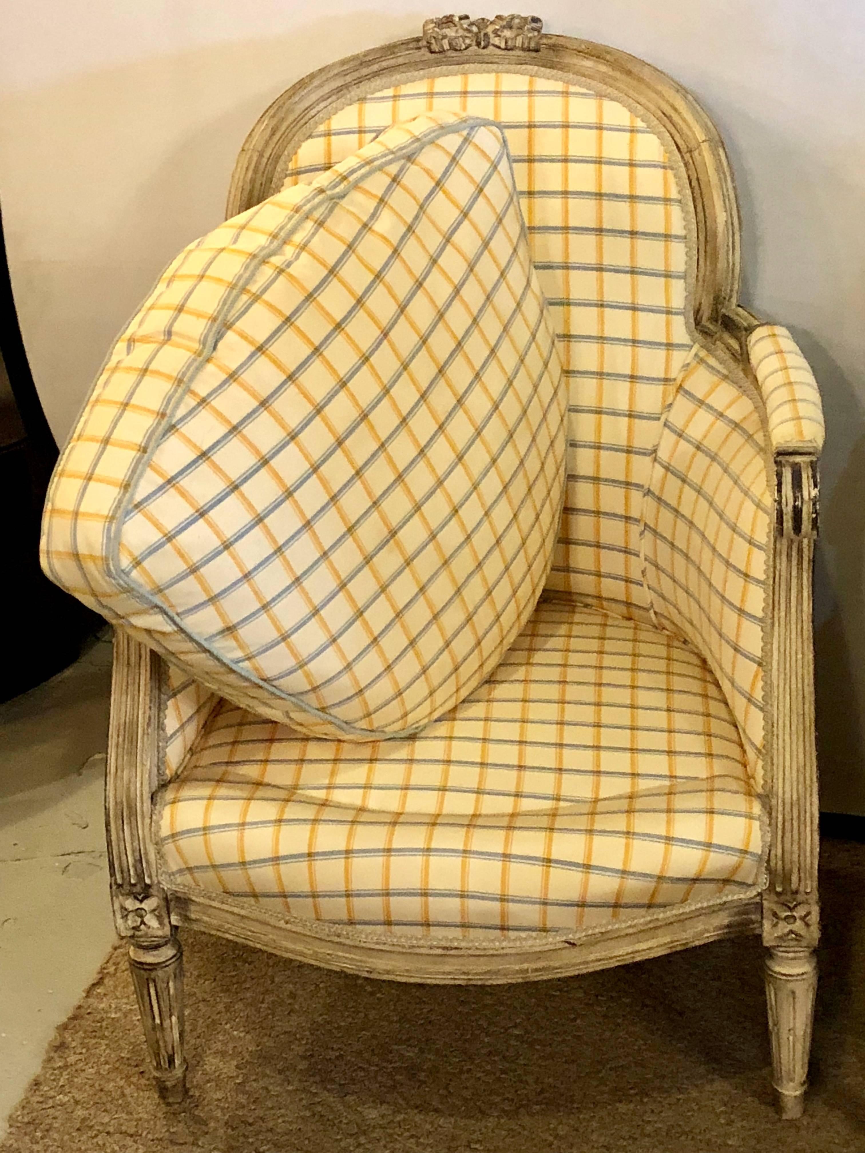 Pair of Maison Jansen Louis XVI Style Bergere Chairs in Burberry Fashion Fabric 1