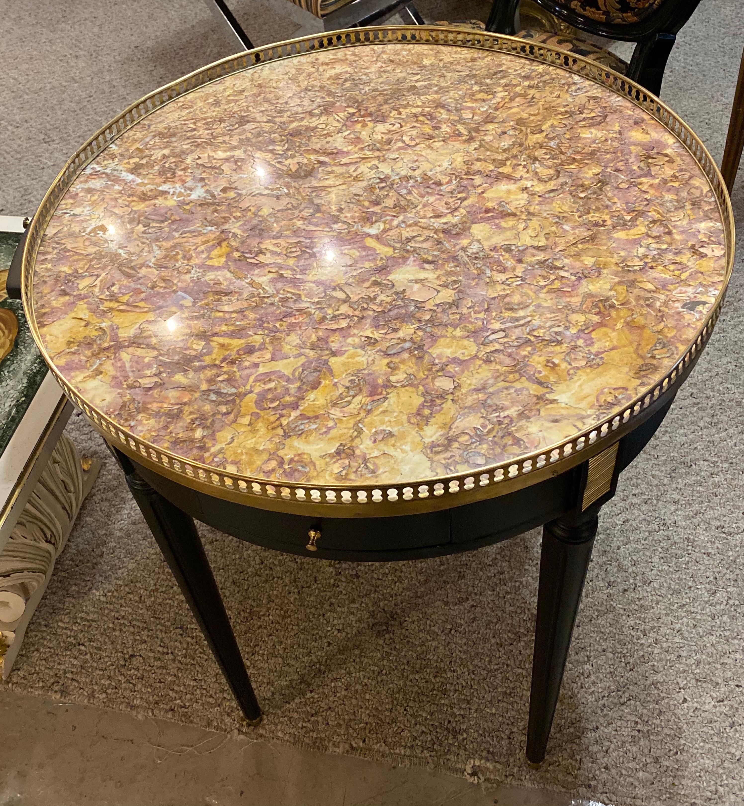 Hollywood Regency Maison Jansen, Louis XVI Style, Round Side Tables, Black Wood, Bronze, Marble