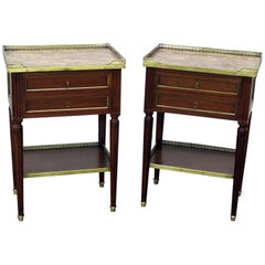 Pair of Maison Jansen Louis XVI Brass Inlaid Marble Top Nightstands Tables 