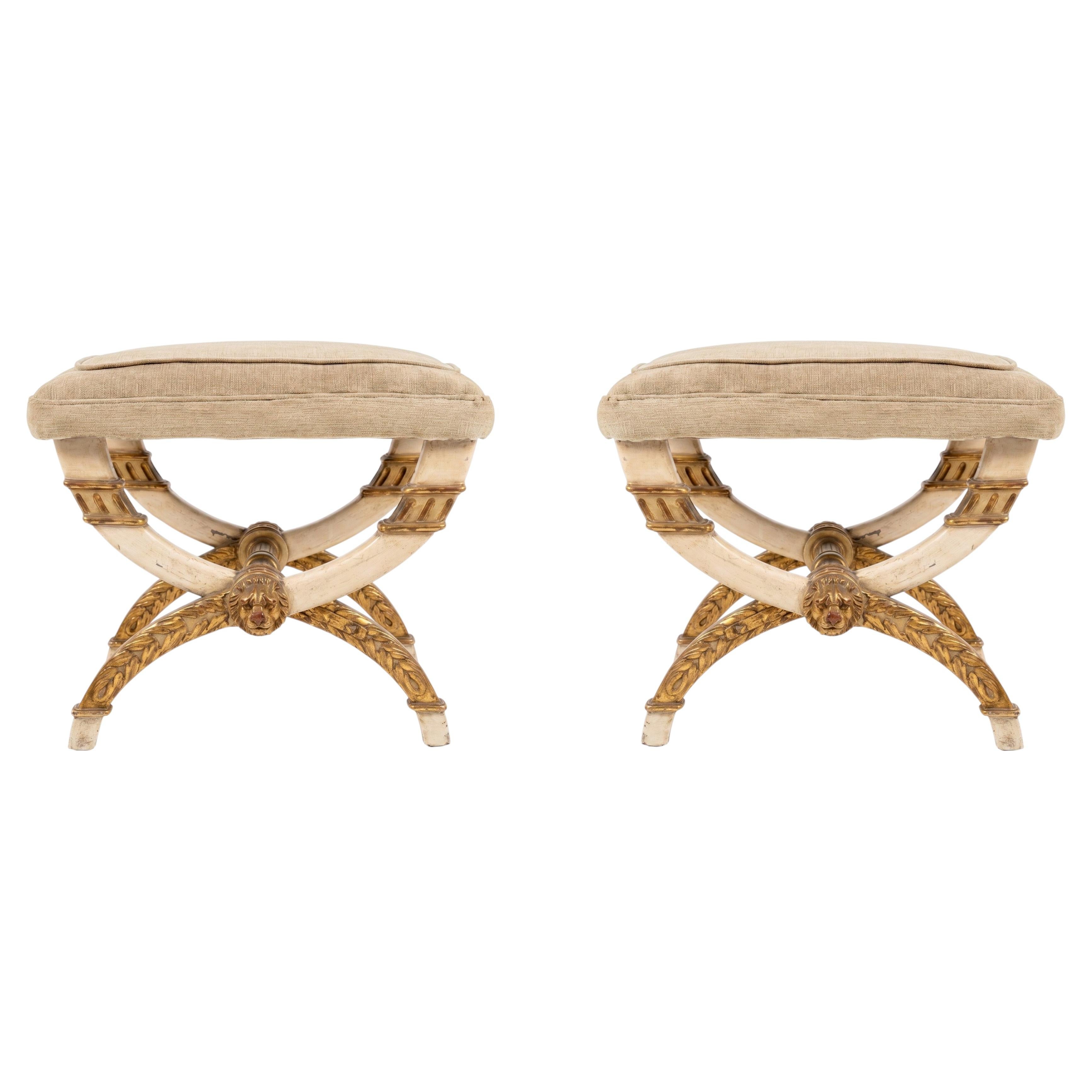 Pair of Maison Jansen Louis XVI Style Giltwood and Painted Curule Stools