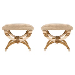 Pair of Maison Jansen Louis XVI Style Giltwood and Painted Curule Stools
