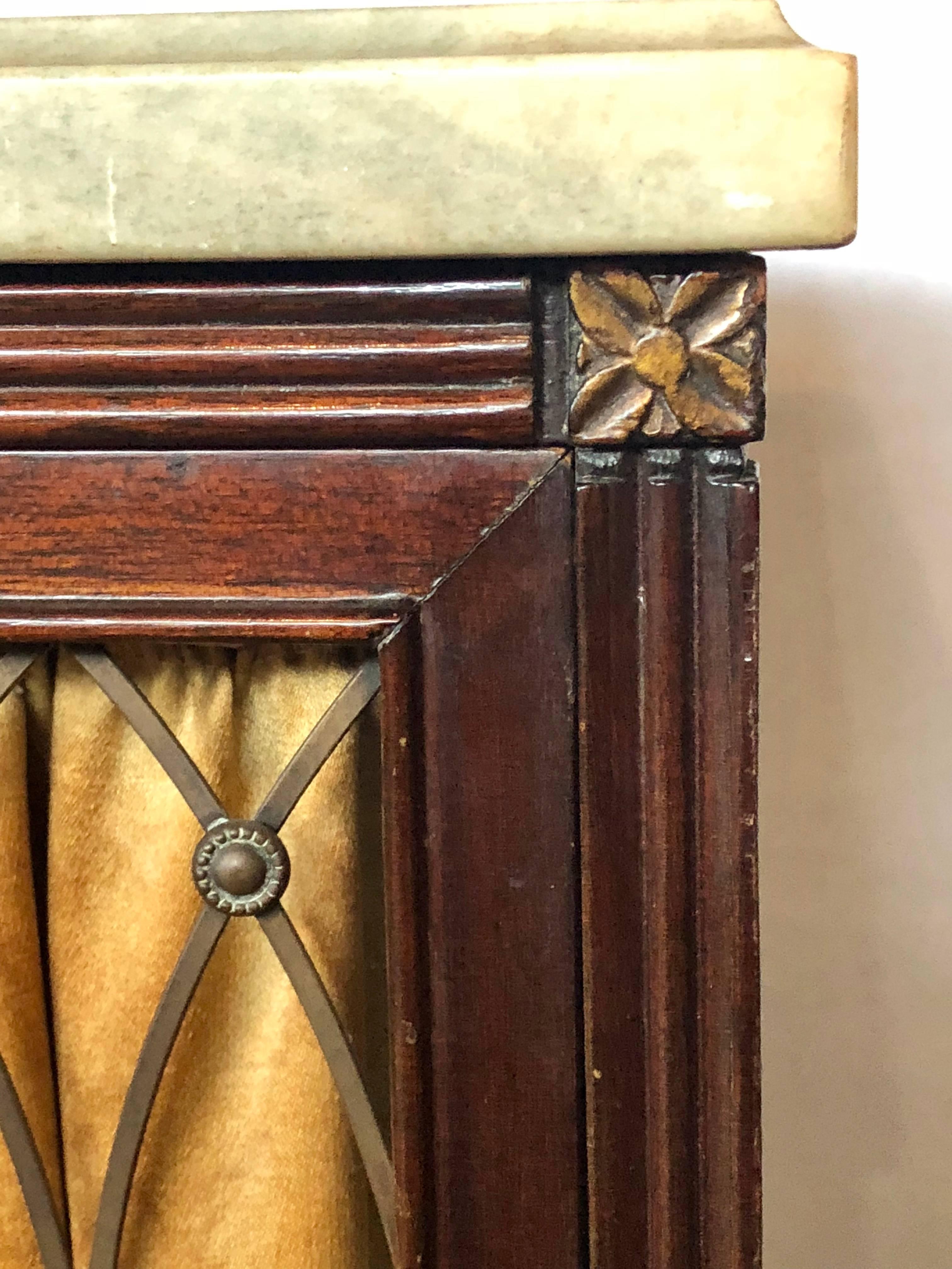 French Pair of Maison Jansen Mahogany Marble-Top Nightstands or End Tables