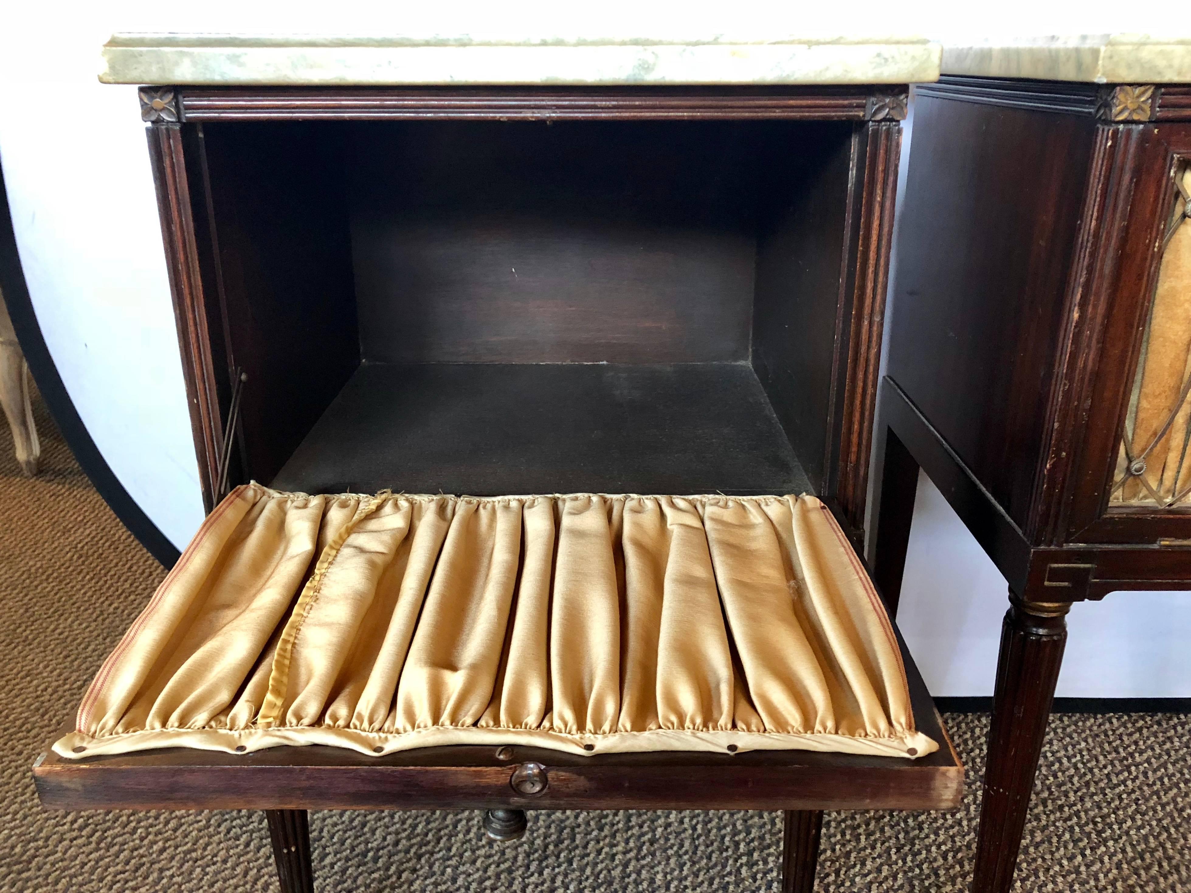 20th Century Pair of Maison Jansen Mahogany Marble-Top Nightstands or End Tables