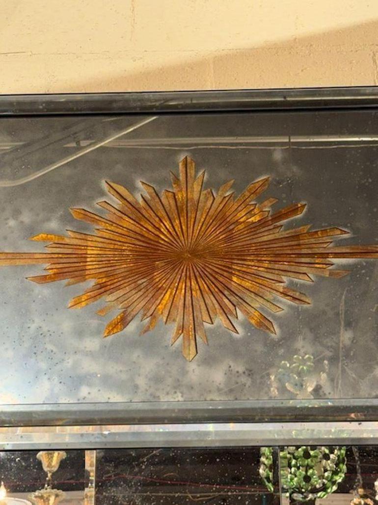European Pair of Maison Jansen Manner Eglomise' Sunburst Mirrors with Divided Glass For Sale