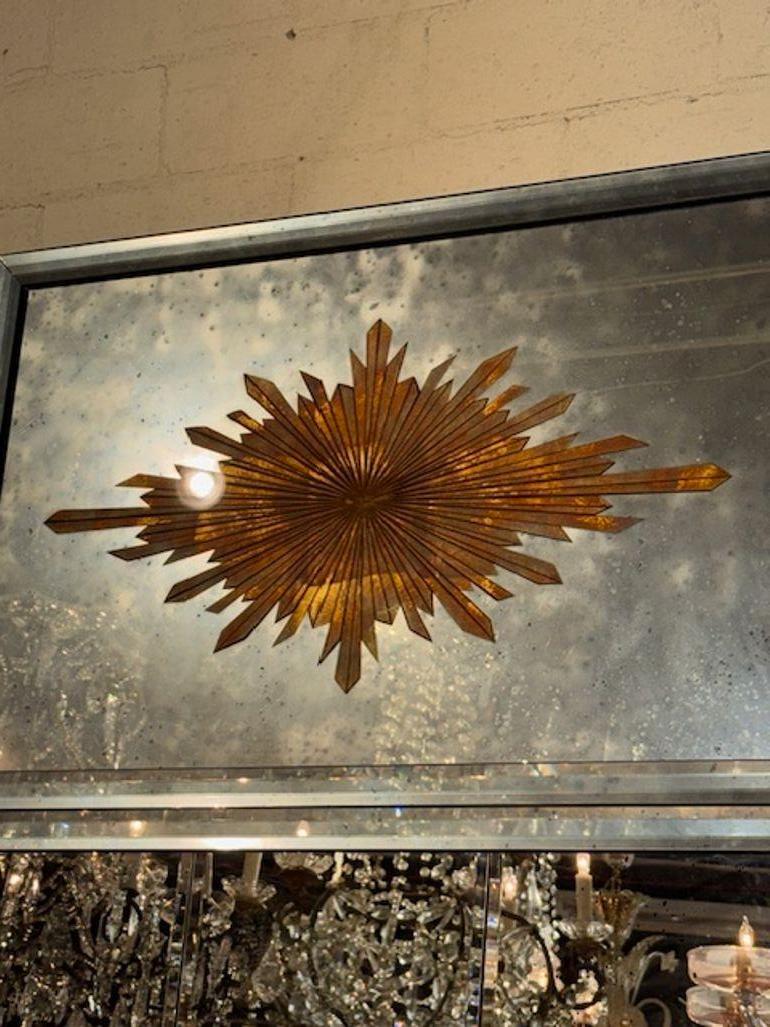 Pair of Maison Jansen Manner Eglomise' Sunburst Mirrors with Divided Glass In Good Condition For Sale In Dallas, TX