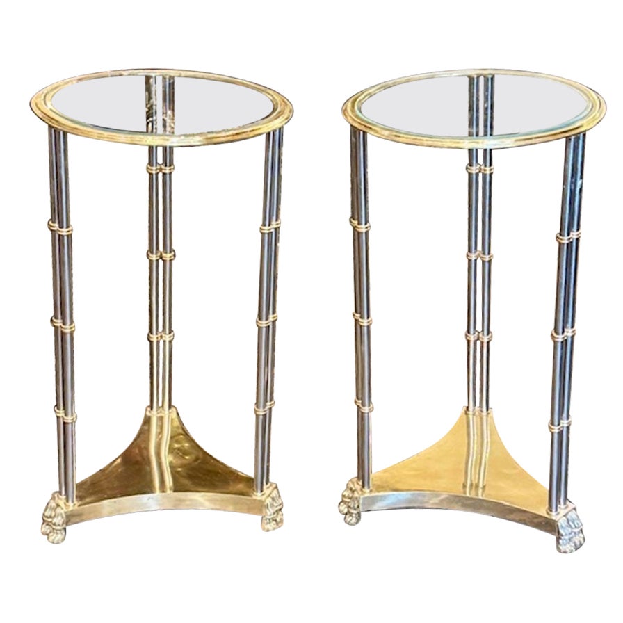Pair of Maison Jansen Manner Steel and Polished Brass Side Tables