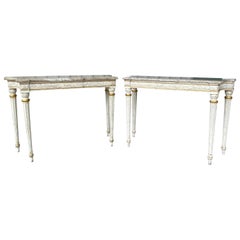 Antique Pair of Maison Jansen Marble Top and Painted Console Tables