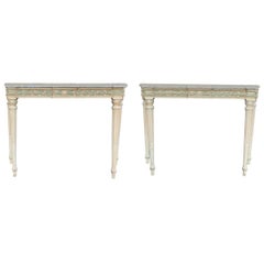 Antique Pair of Maison Jansen Marble Top Painted Console Tables