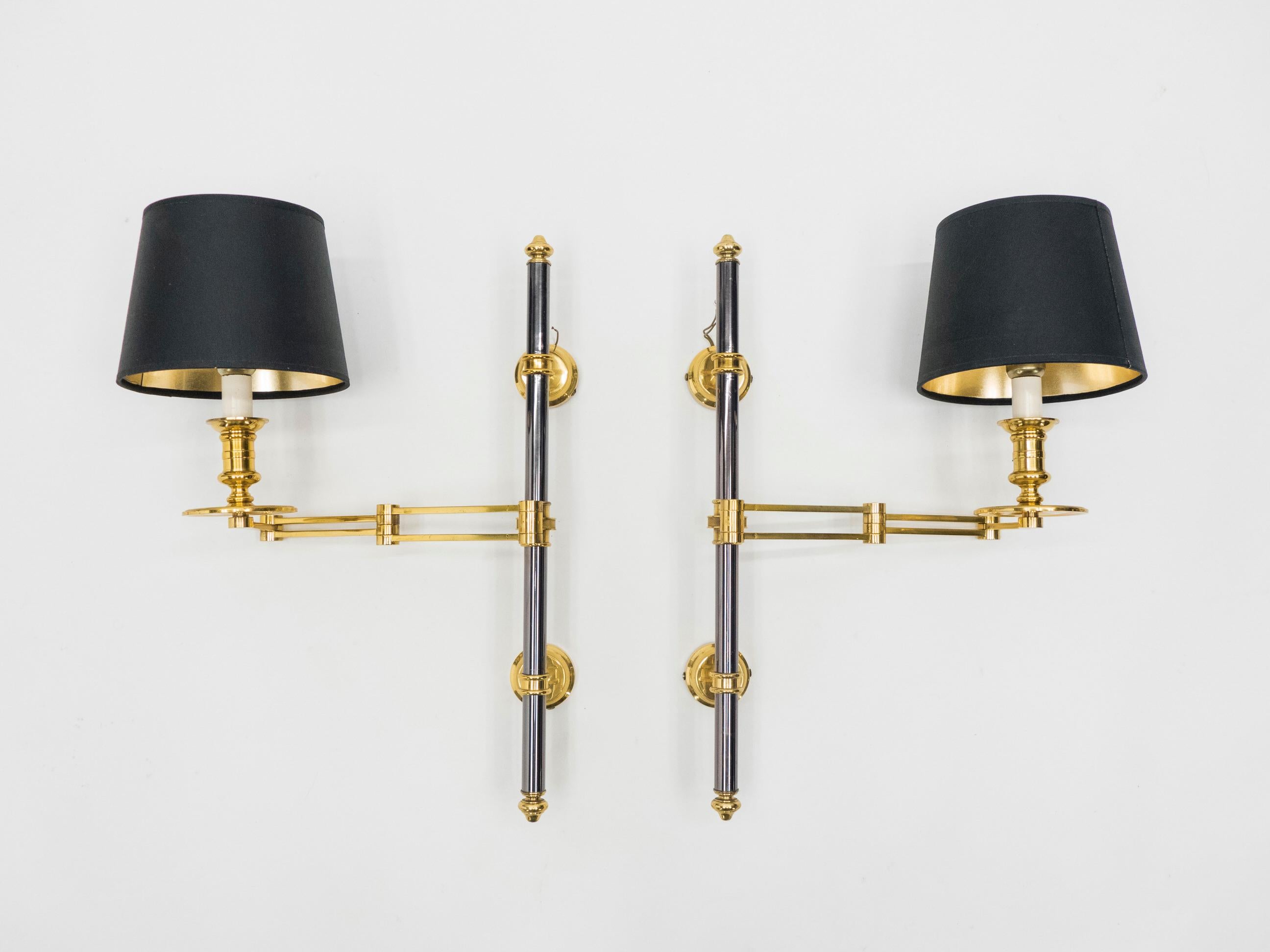 Mid-Century Modern Pair of Maison Jansen Metal Brass Retractable Wing Sconces, 1960s