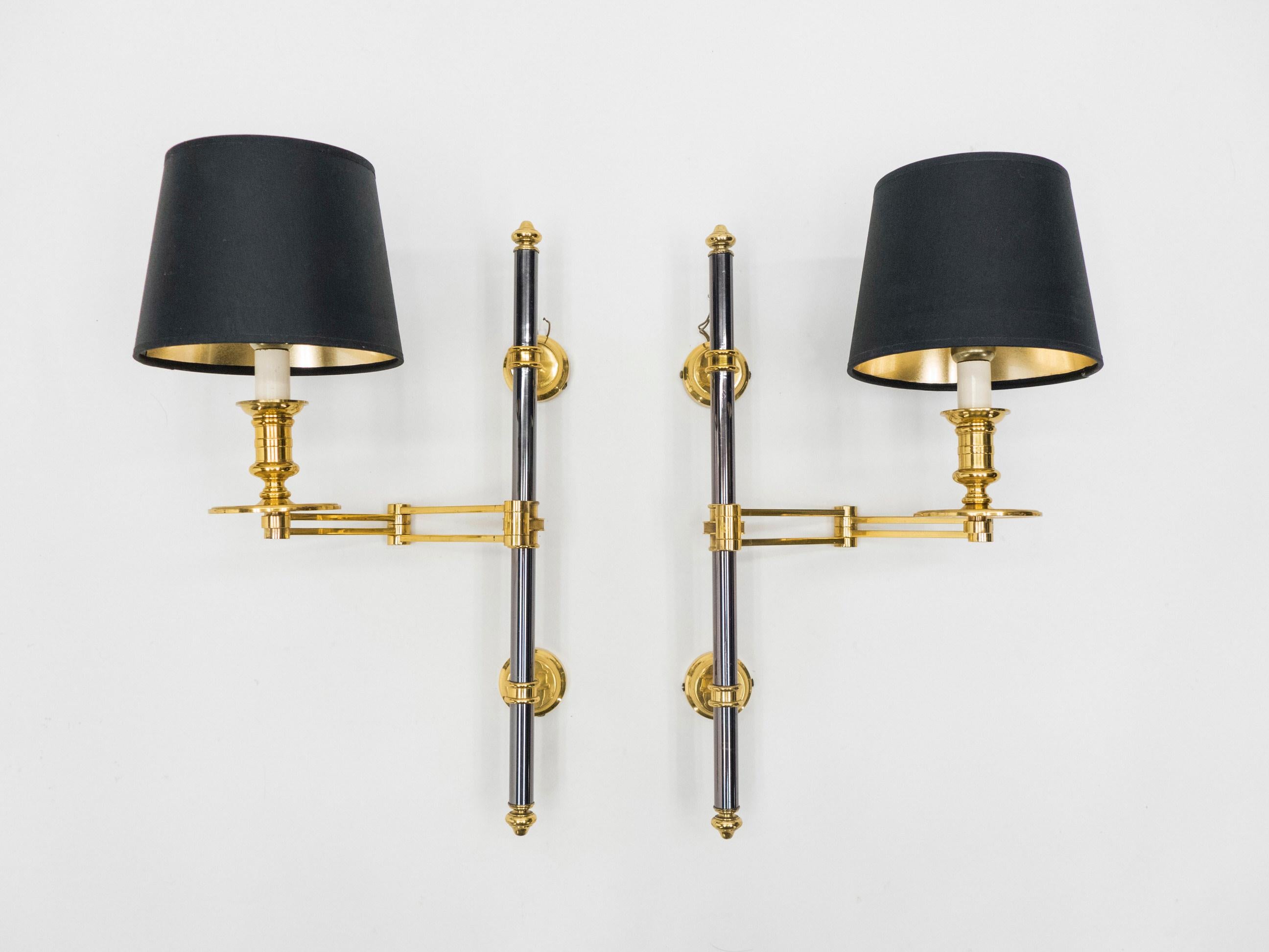 French Pair of Maison Jansen Metal Brass Retractable Wing Sconces, 1960s