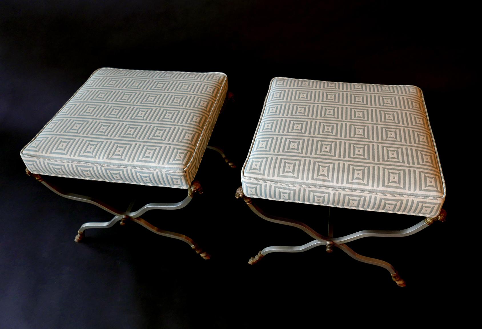 Italian Pair of Maison Jansen Neoclassic Style Steel and Brass Ottoman or Benches