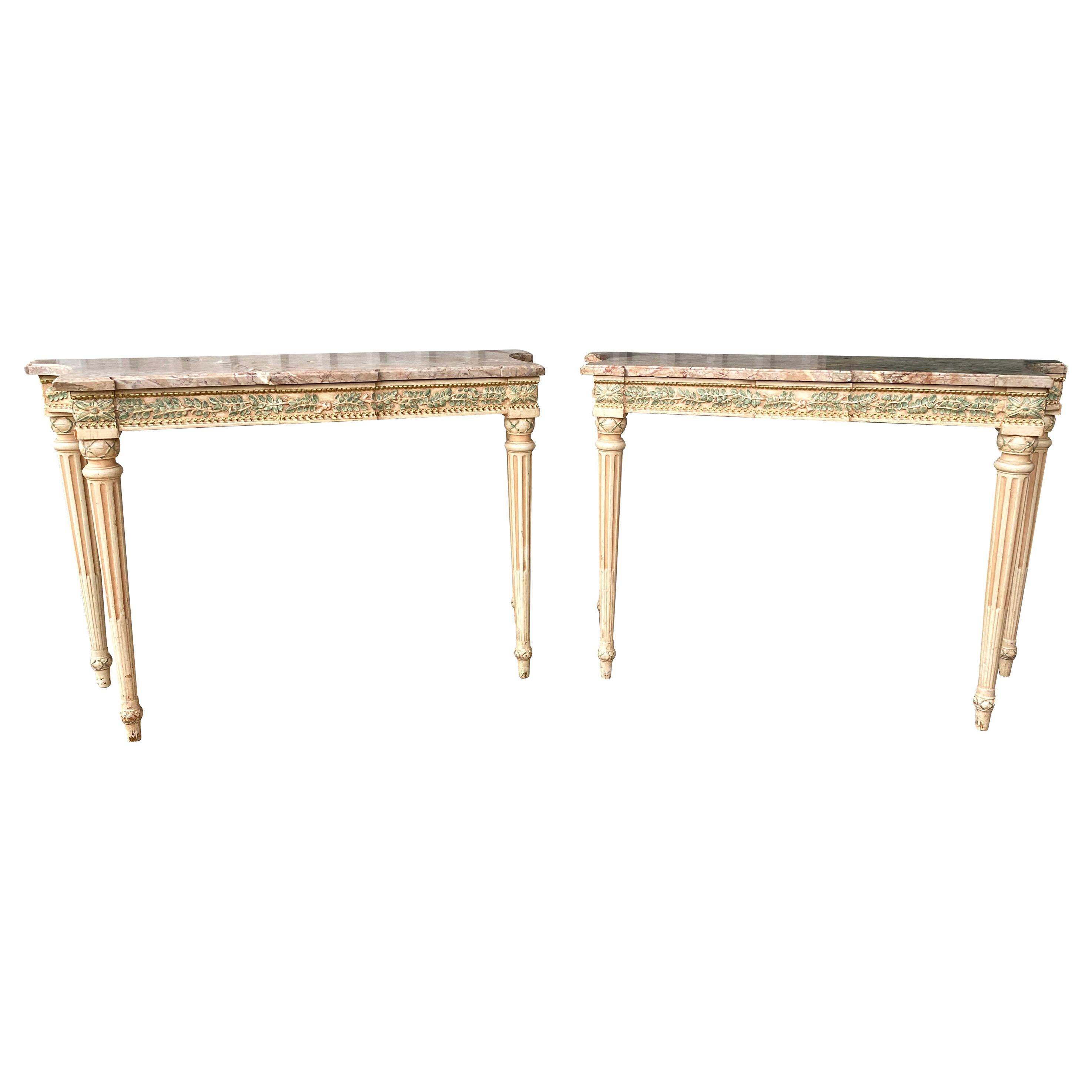 Pair of Maison Jansen Painted Marble-Top Console Tables