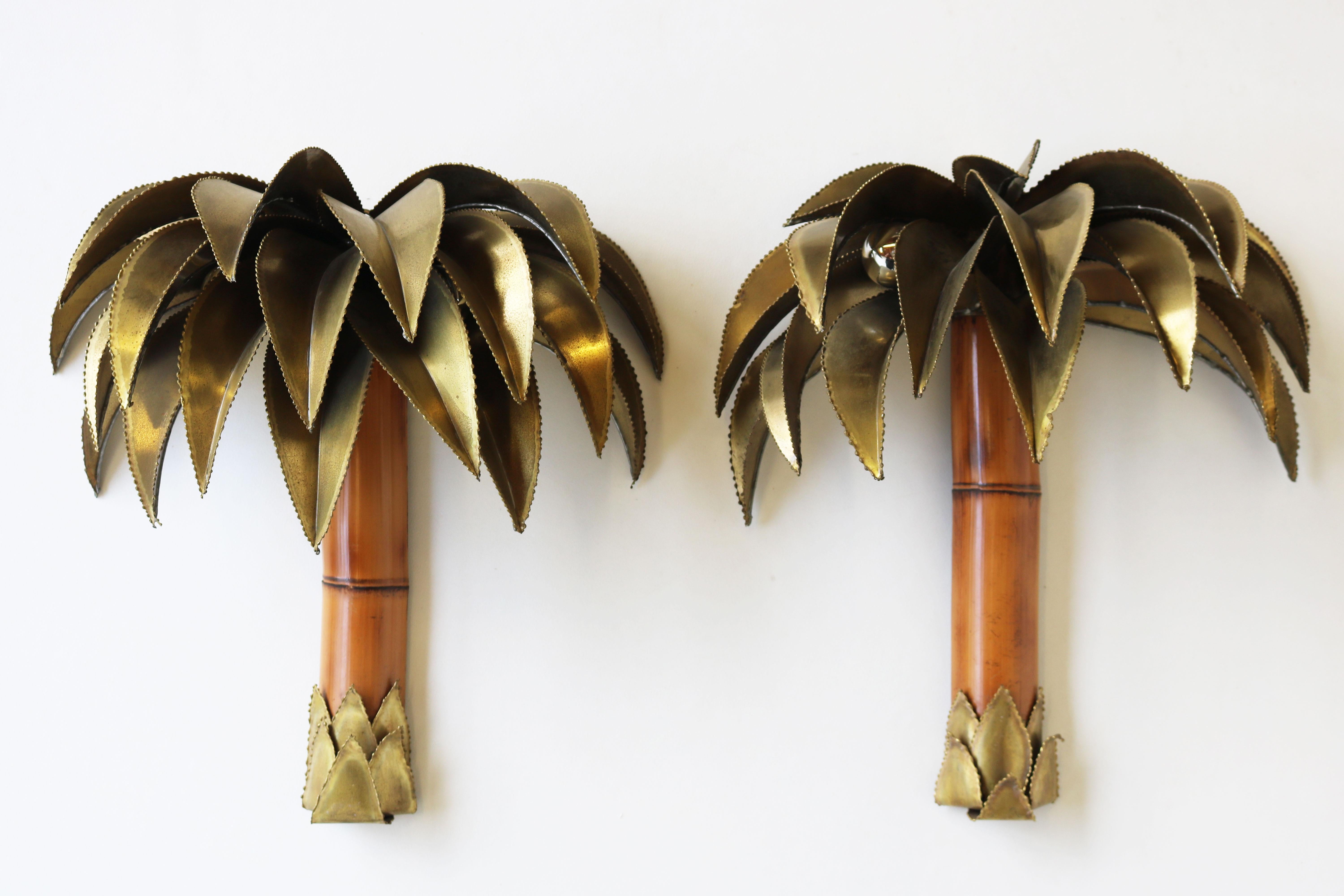 Pair of Maison Jansen Palm Tree Wall Lights / Sconces 1960 Brass Bamboo Regency 2