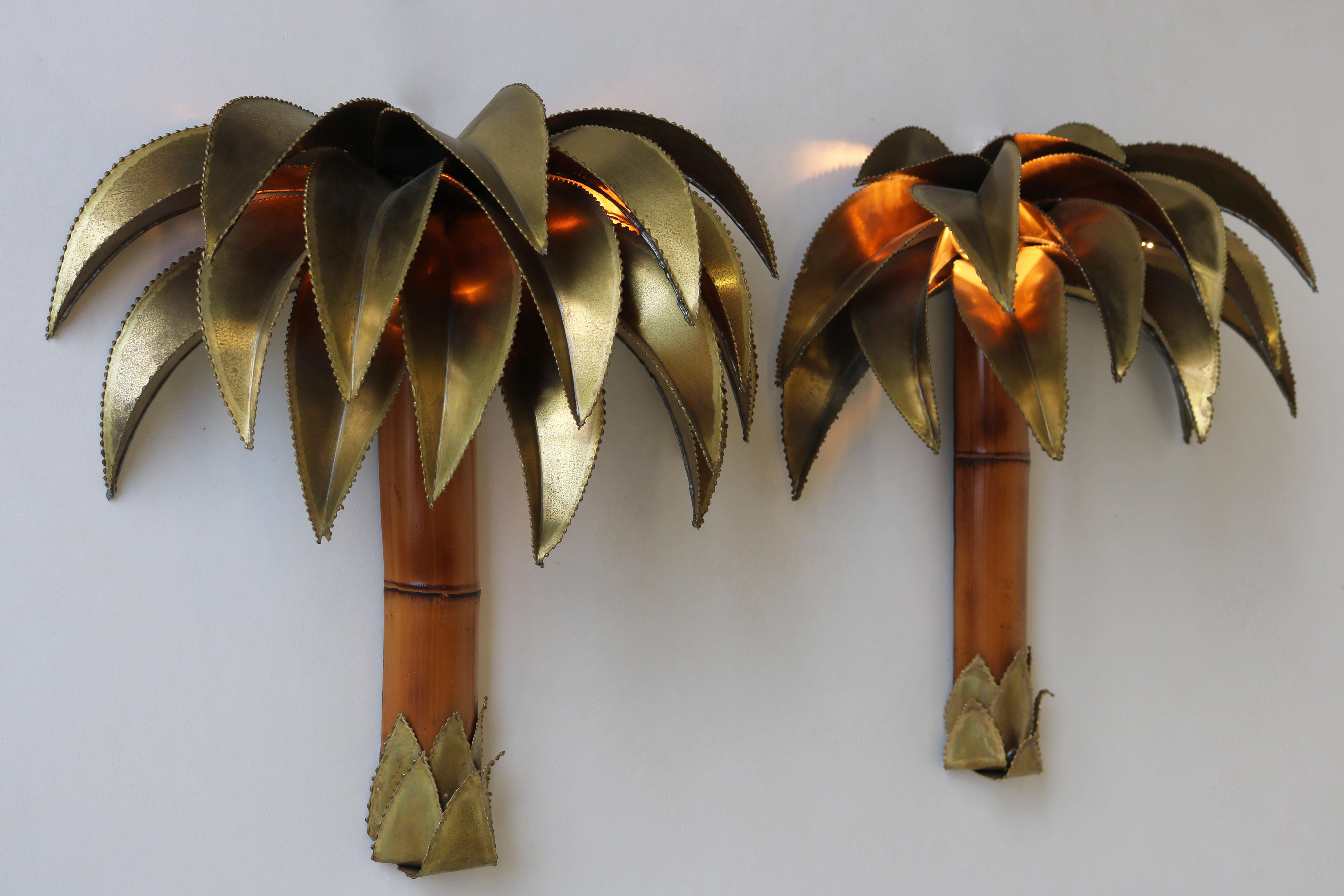 Hollywood Regency Pair of Maison Jansen Palm Tree Wall Lights / Sconces 1960 Brass Bamboo Regency