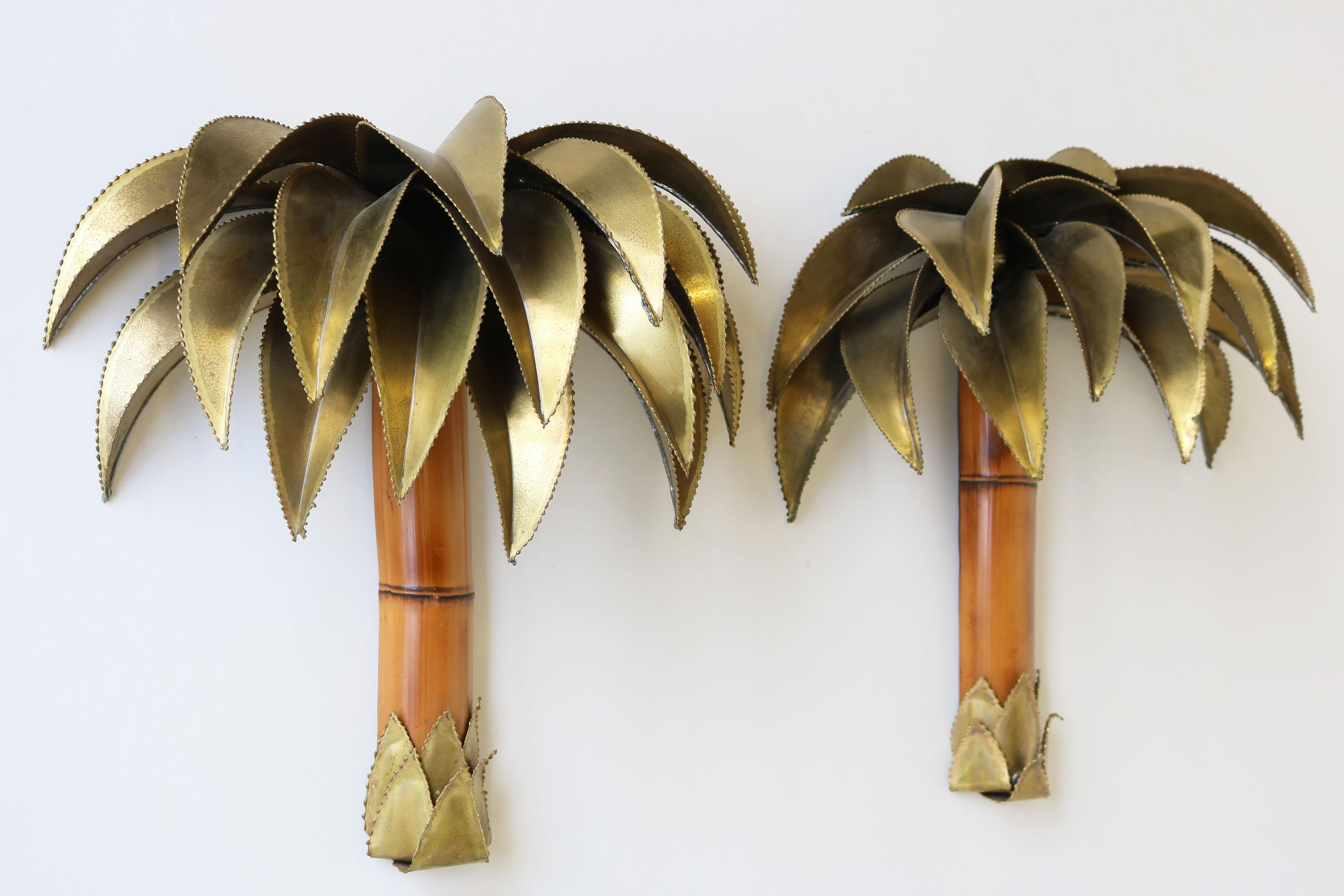 French Pair of Maison Jansen Palm Tree Wall Lights / Sconces 1960 Brass Bamboo Regency