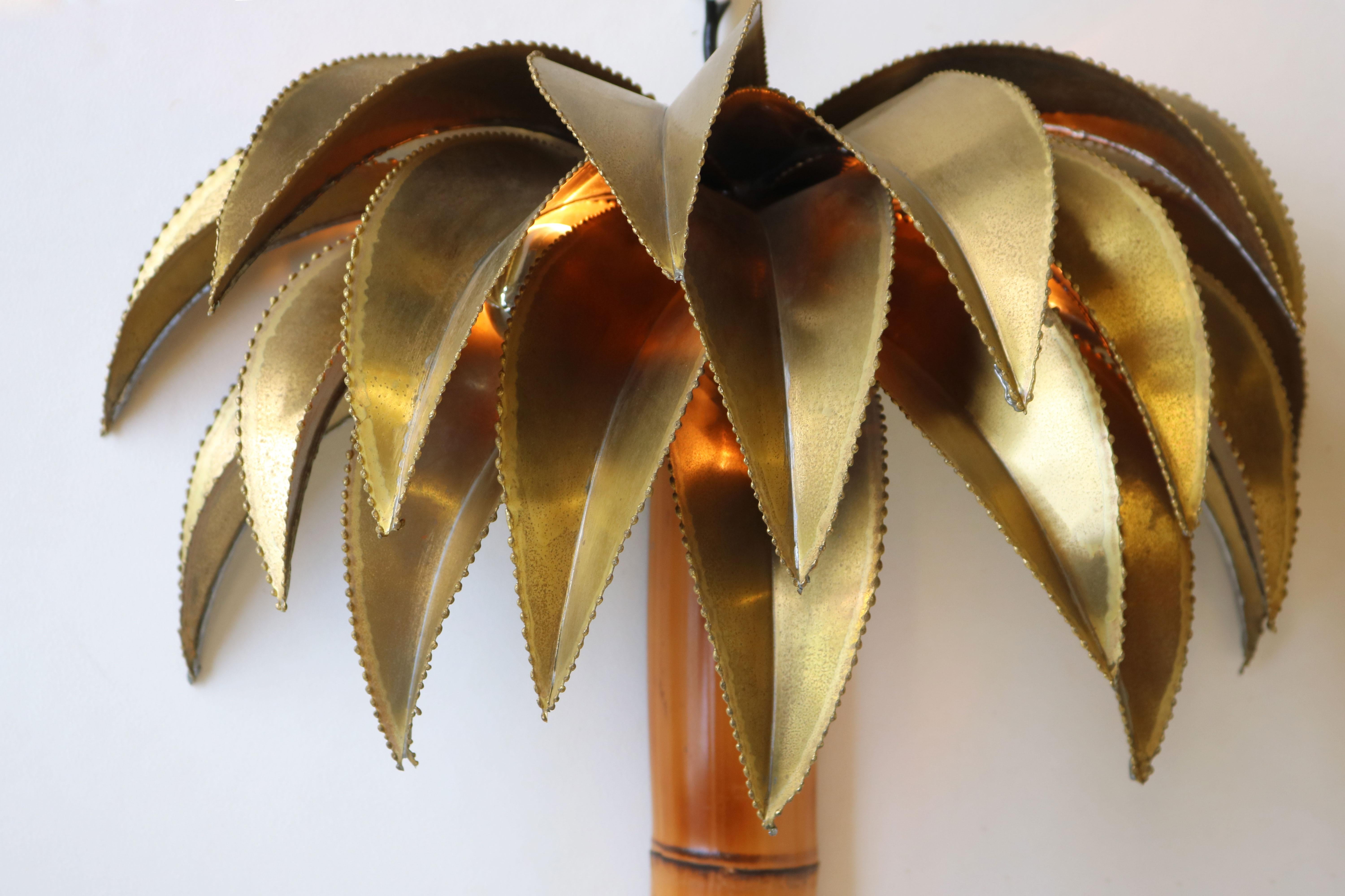 Hand-Crafted Pair of Maison Jansen Palm Tree Wall Lights / Sconces 1960 Brass Bamboo Regency
