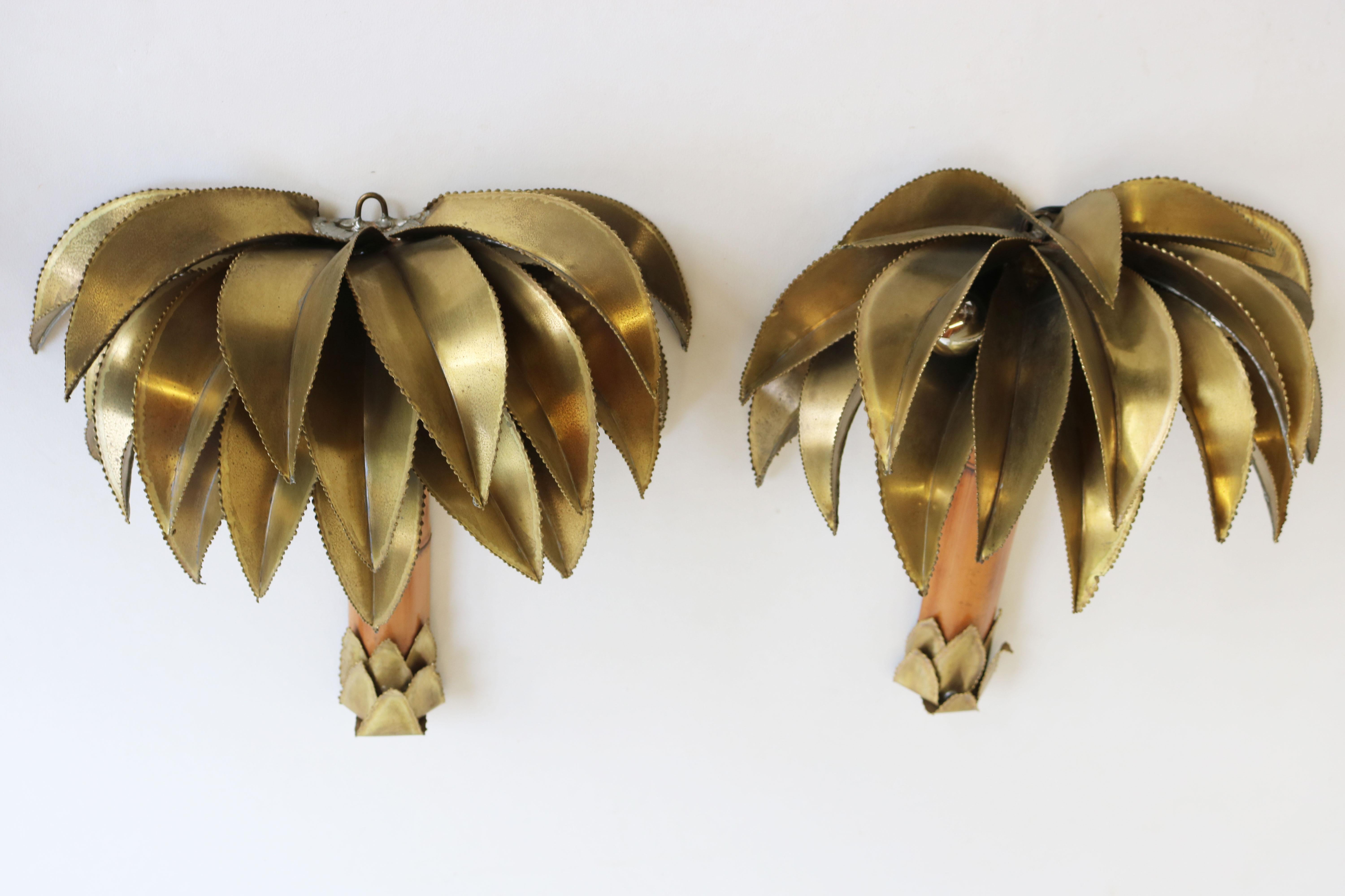 Pair of Maison Jansen Palm Tree Wall Lights / Sconces 1960 Brass Bamboo Regency In Good Condition In Ijzendijke, NL