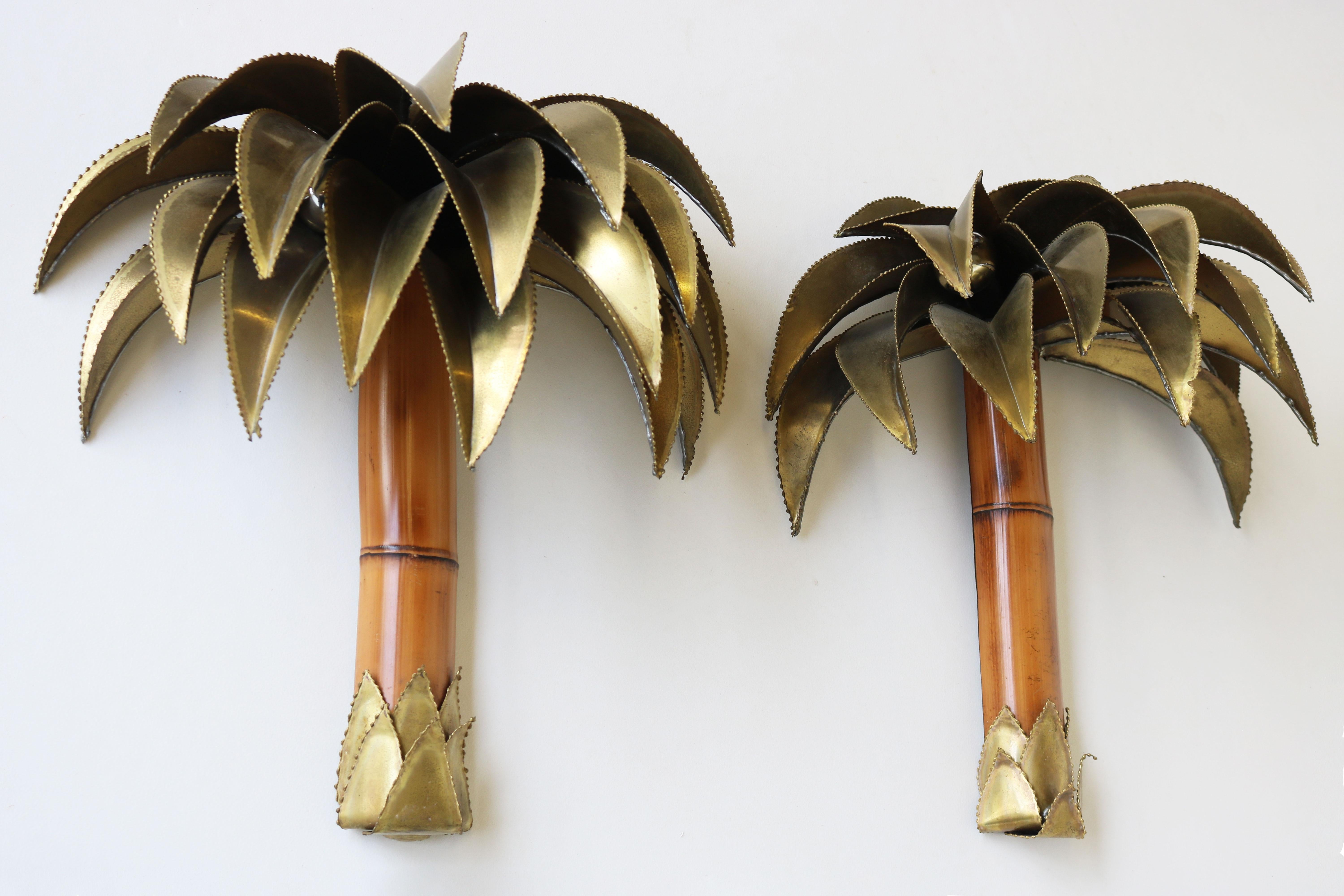 Pair of Maison Jansen Palm Tree Wall Lights / Sconces 1960 Brass Bamboo Regency 1