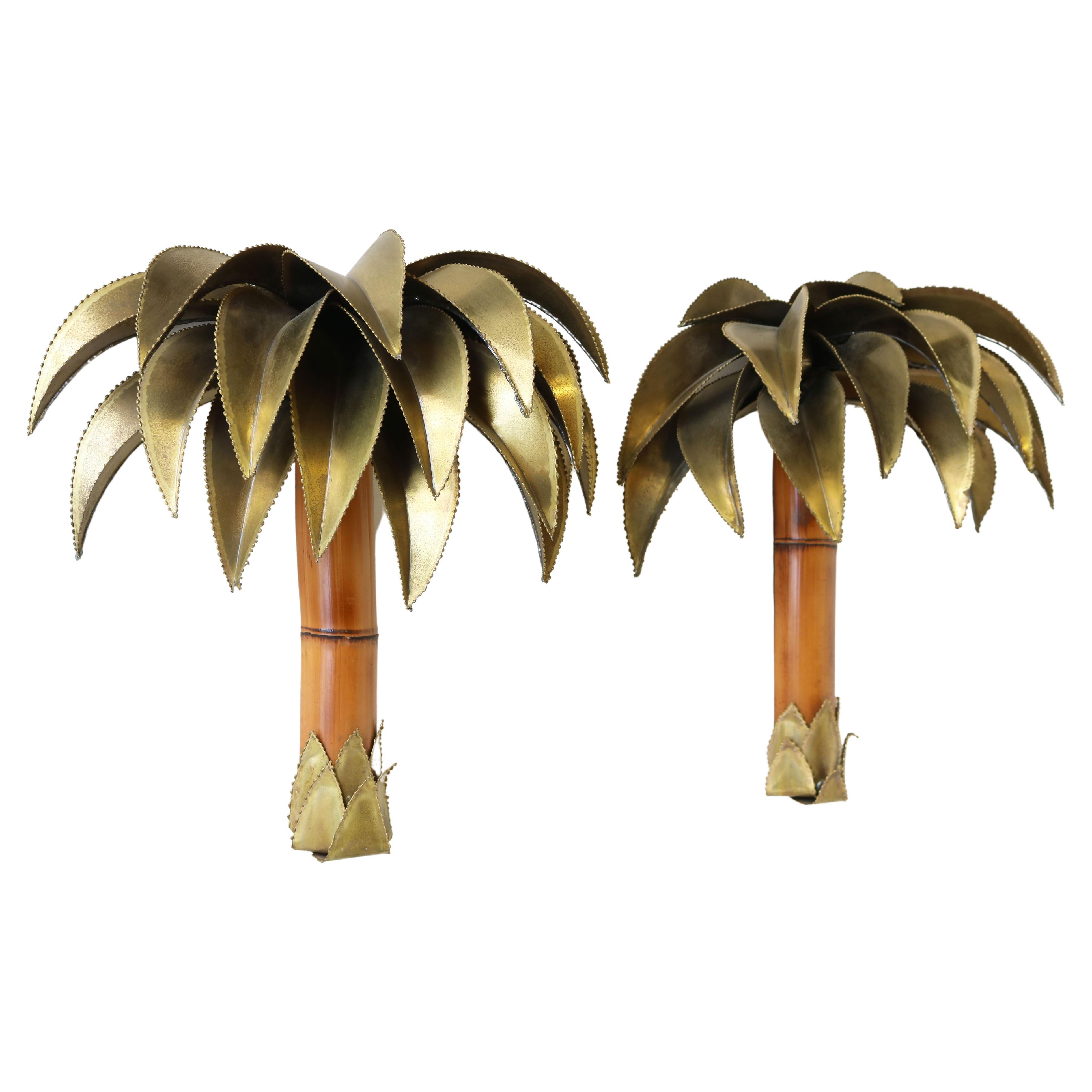 Pair of Maison Jansen Palm Tree Wall Lights / Sconces 1960 Brass Bamboo Regency