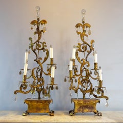 Pair of Maison Jansen Paris Gilt Iron and Rock Crystal Candelabra