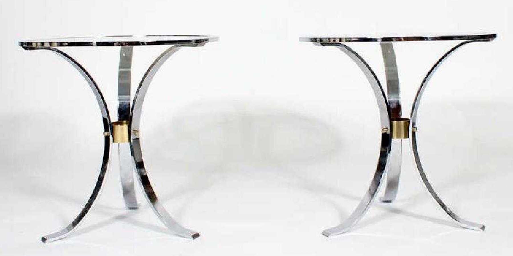 Modern Pair of Maison Jansen Polished Steel and Brass Side Tables