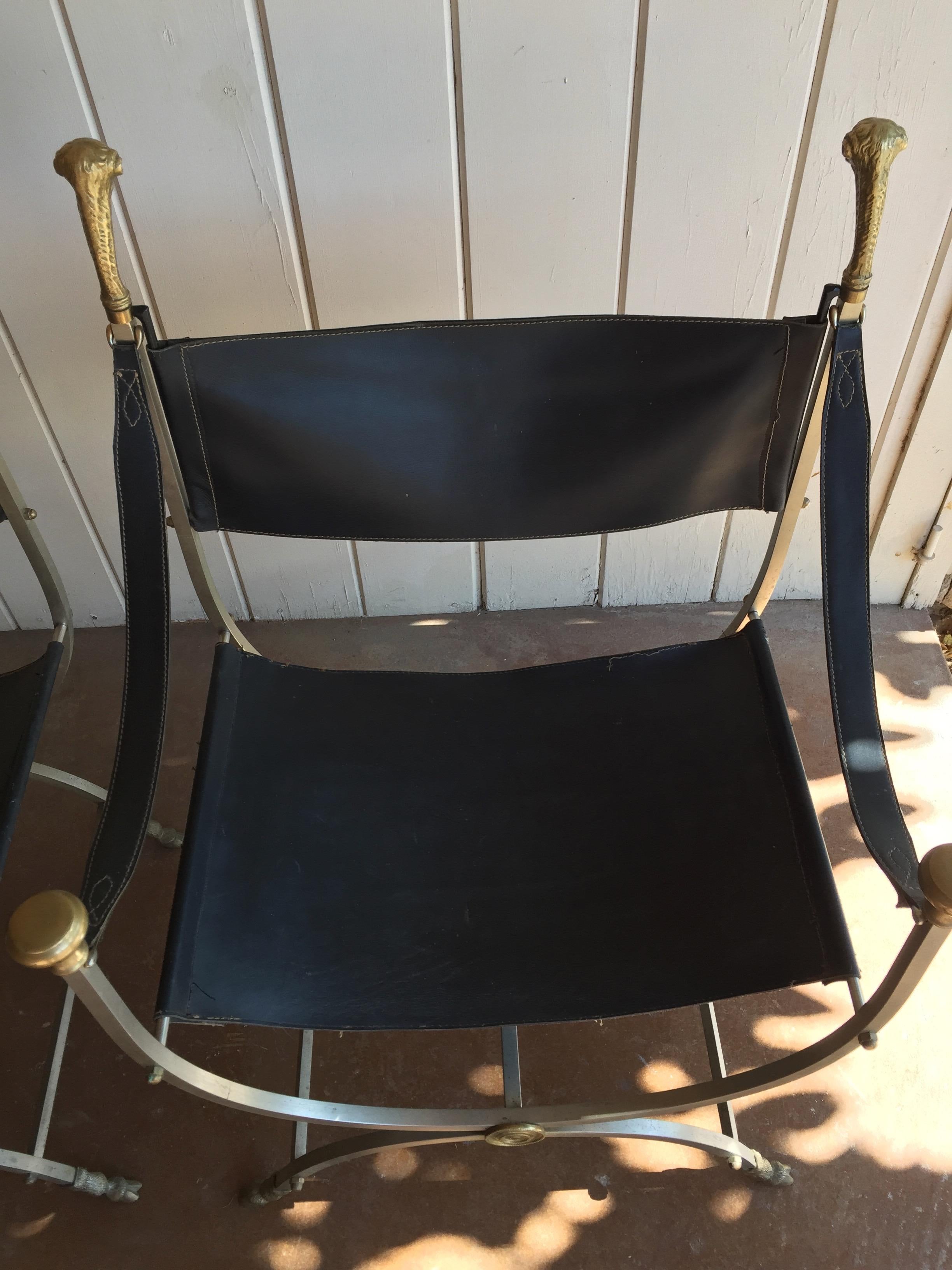 Pair of Maison Jansen Savonarola chairs, original chairs in very good condition acquired recently from an Estate in Arizona, one owner. This handsome pair is the perfect complement to any sophisticated room, flanking a doorway in the living room, to