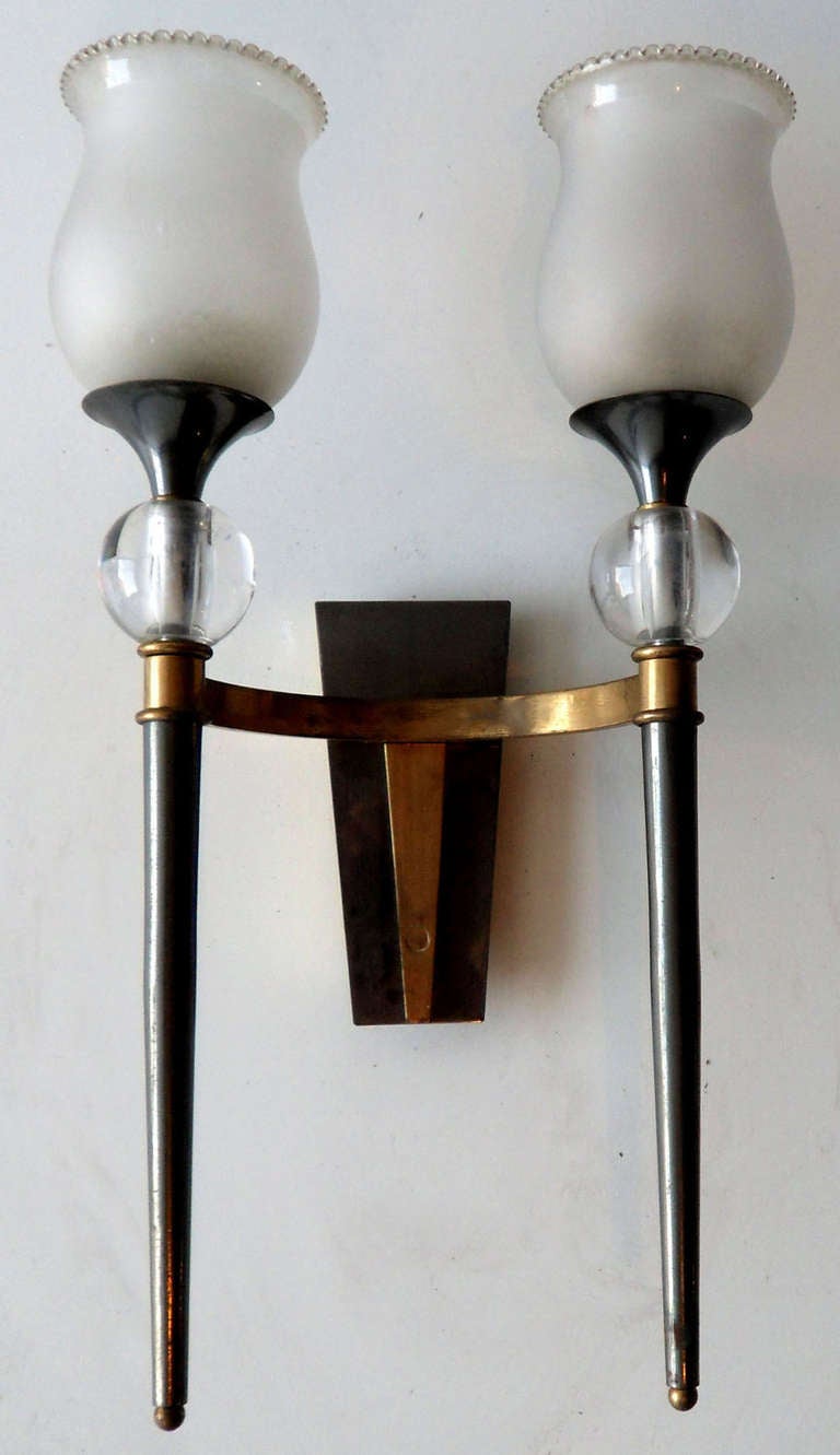 2 patinas brass / gun metal. Pair of very elegant Maison Jansen sconces
Maximum wattage 60w /bulb
US wired and in working condition.
 