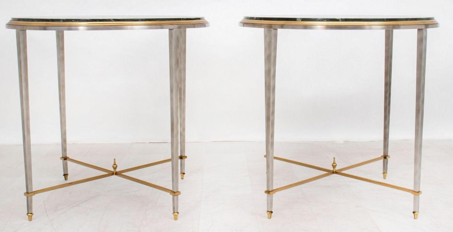 French Pair of Maison Jansen Side Tables with Verde Antico Marble Tops For Sale