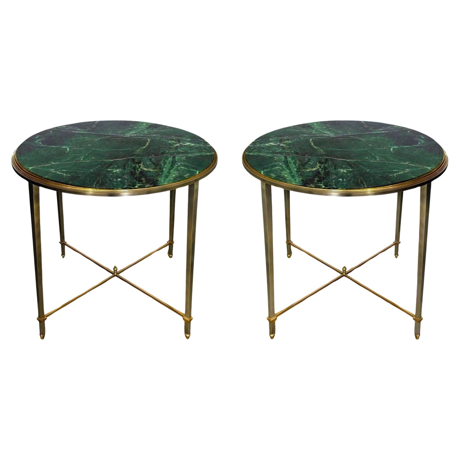 Pair of Maison Jansen Side Tables with Verde Antico Marble Tops For Sale