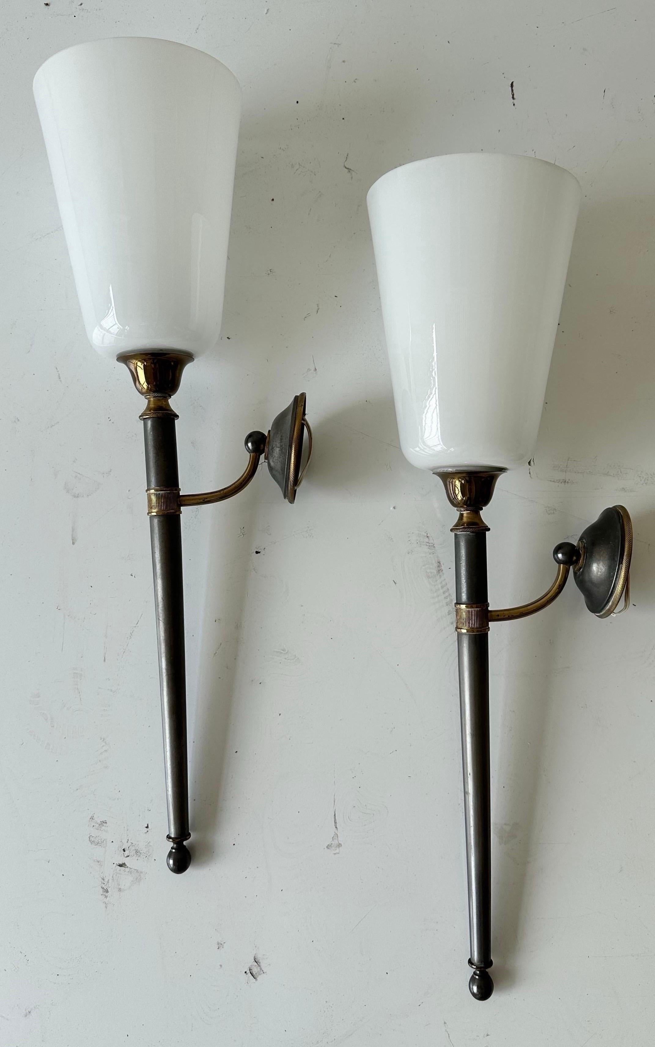 Pair of Maison Jansen Style 2 patina brass and gun metal Wall Sonces For Sale 7