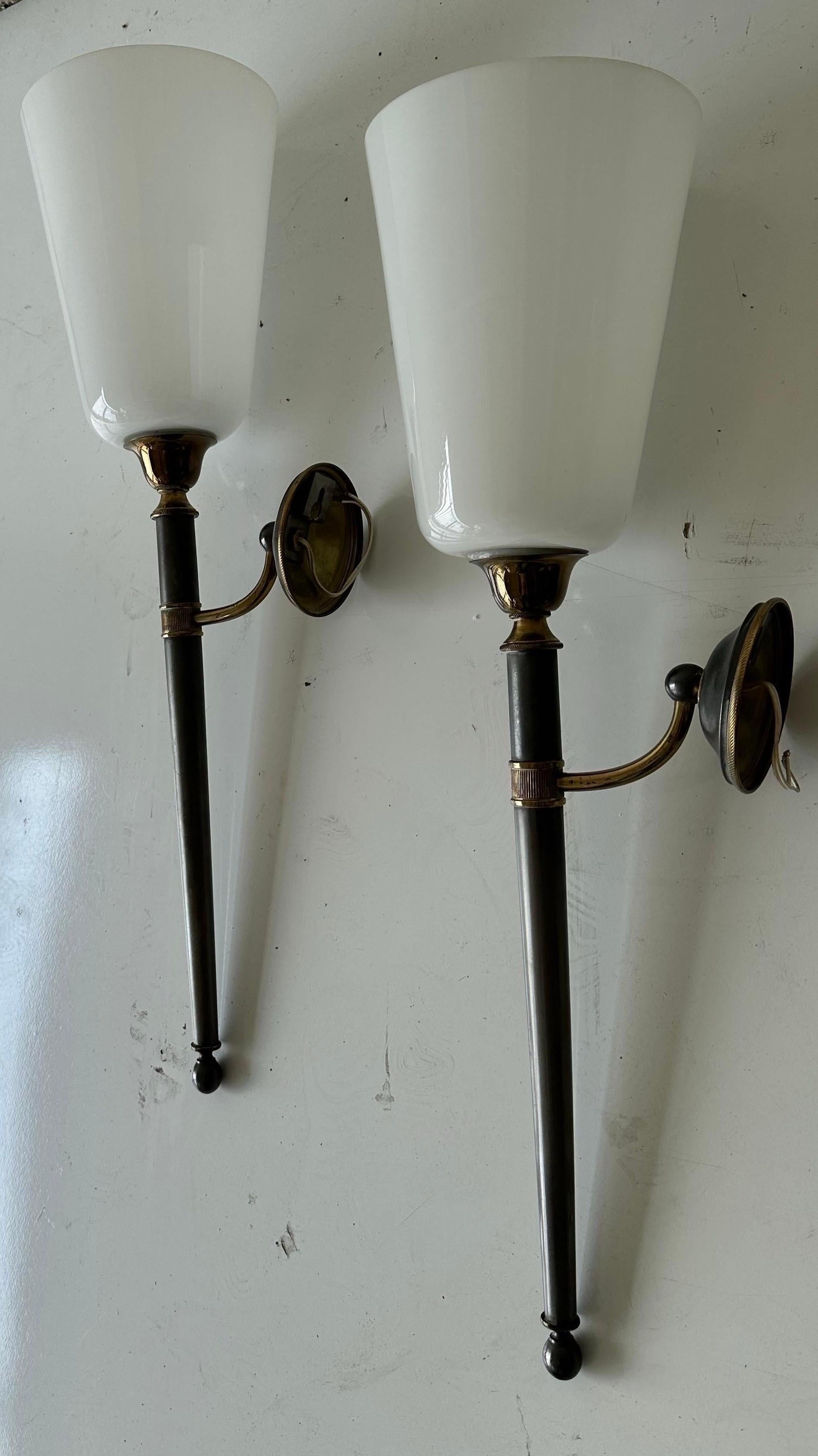 Pair of Maison Jansen Style 2 patina brass and gun metal Wall Sonces For Sale 9