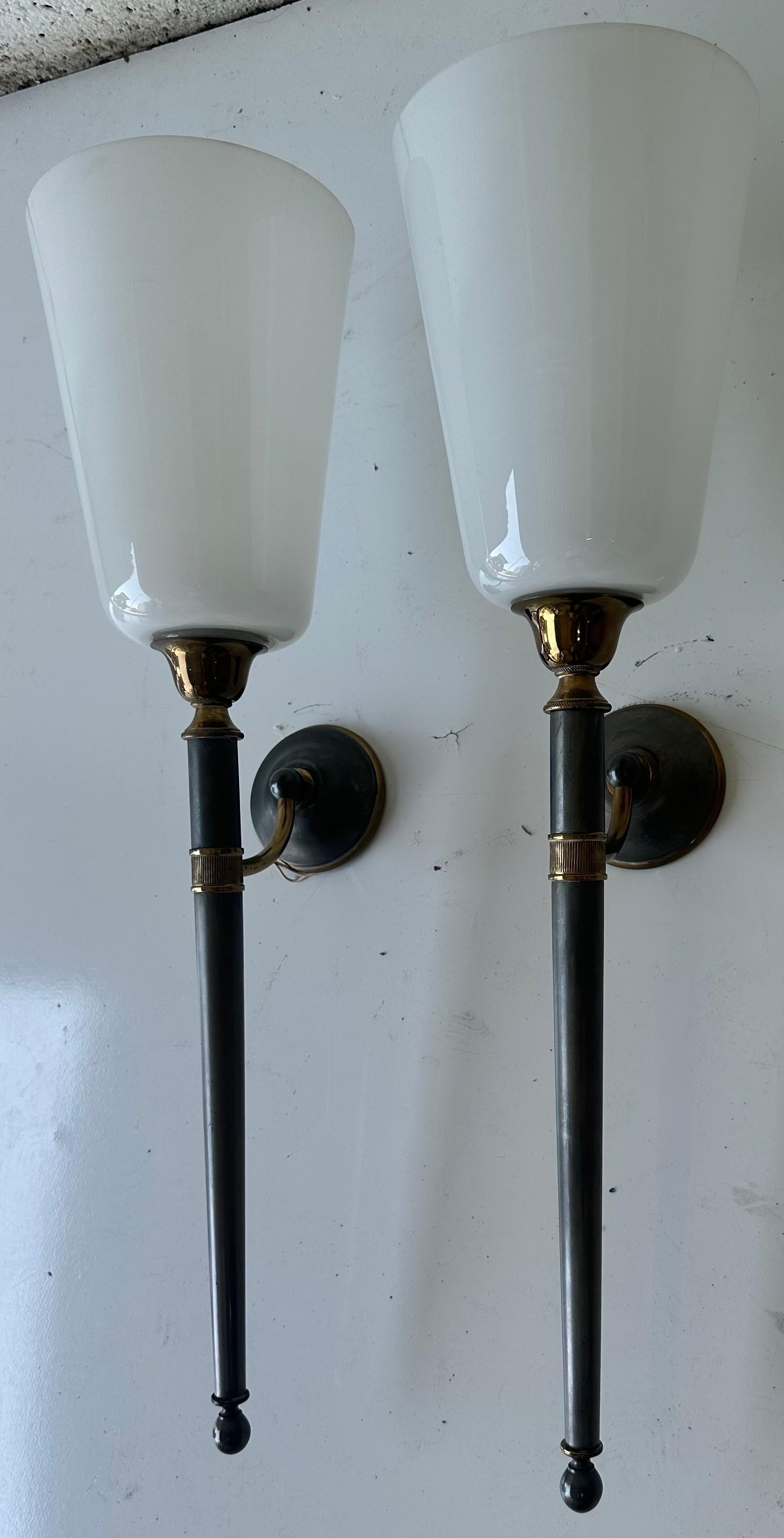 Neoclassical Pair of Maison Jansen Style 2 patina brass and gun metal Wall Sonces For Sale