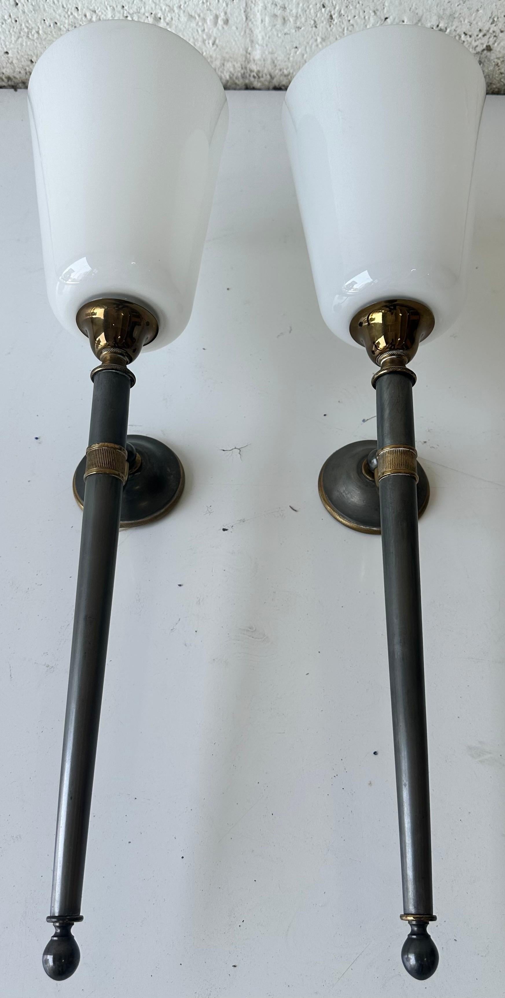 French Pair of Maison Jansen Style 2 patina brass and gun metal Wall Sonces For Sale