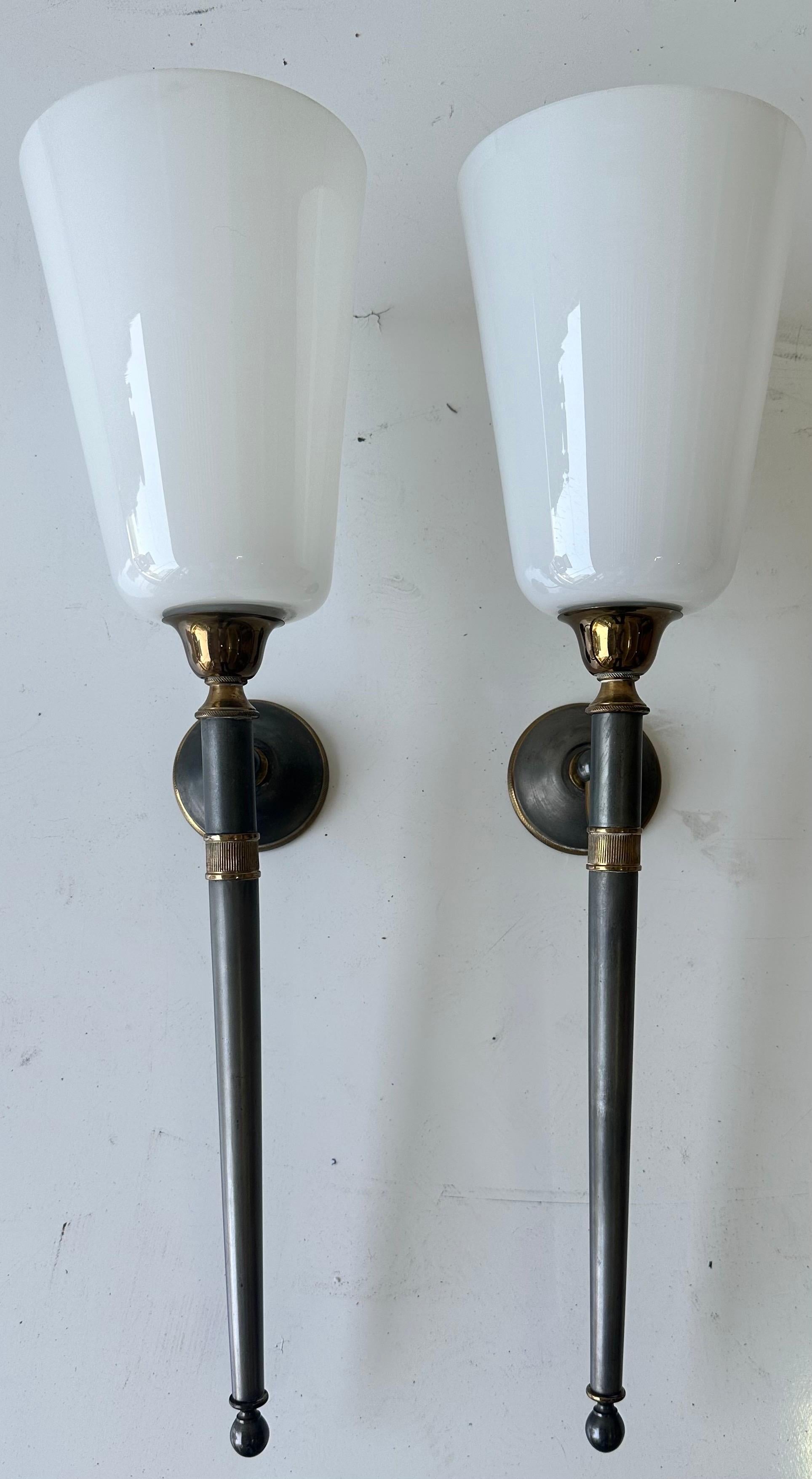 Pair of Maison Jansen Style 2 patina brass and gun metal Wall Sonces In Good Condition For Sale In Miami, FL