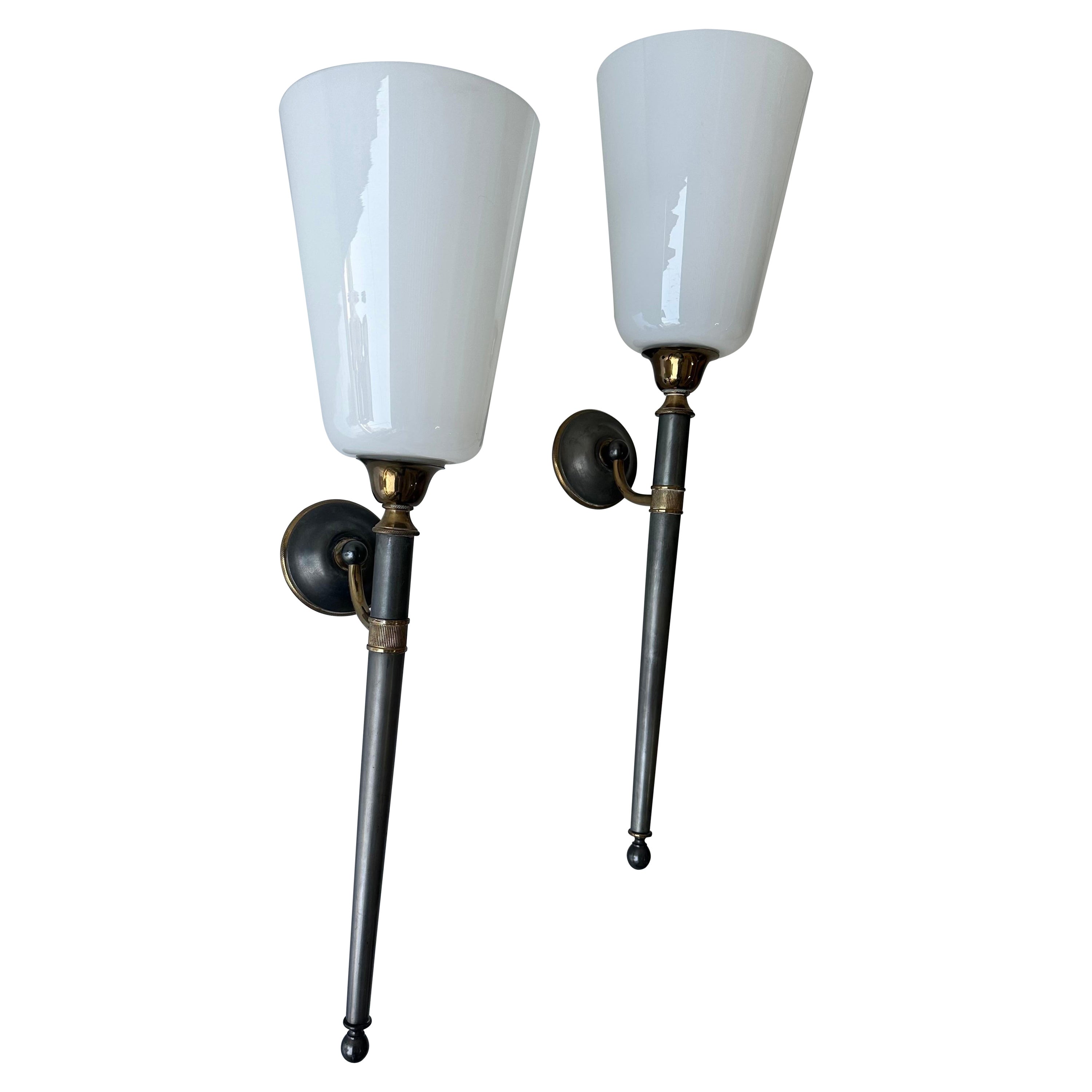 Coppia di Sonze da parete in stile Maison Jansen 2, ottone patinato e metallo canna di fucile