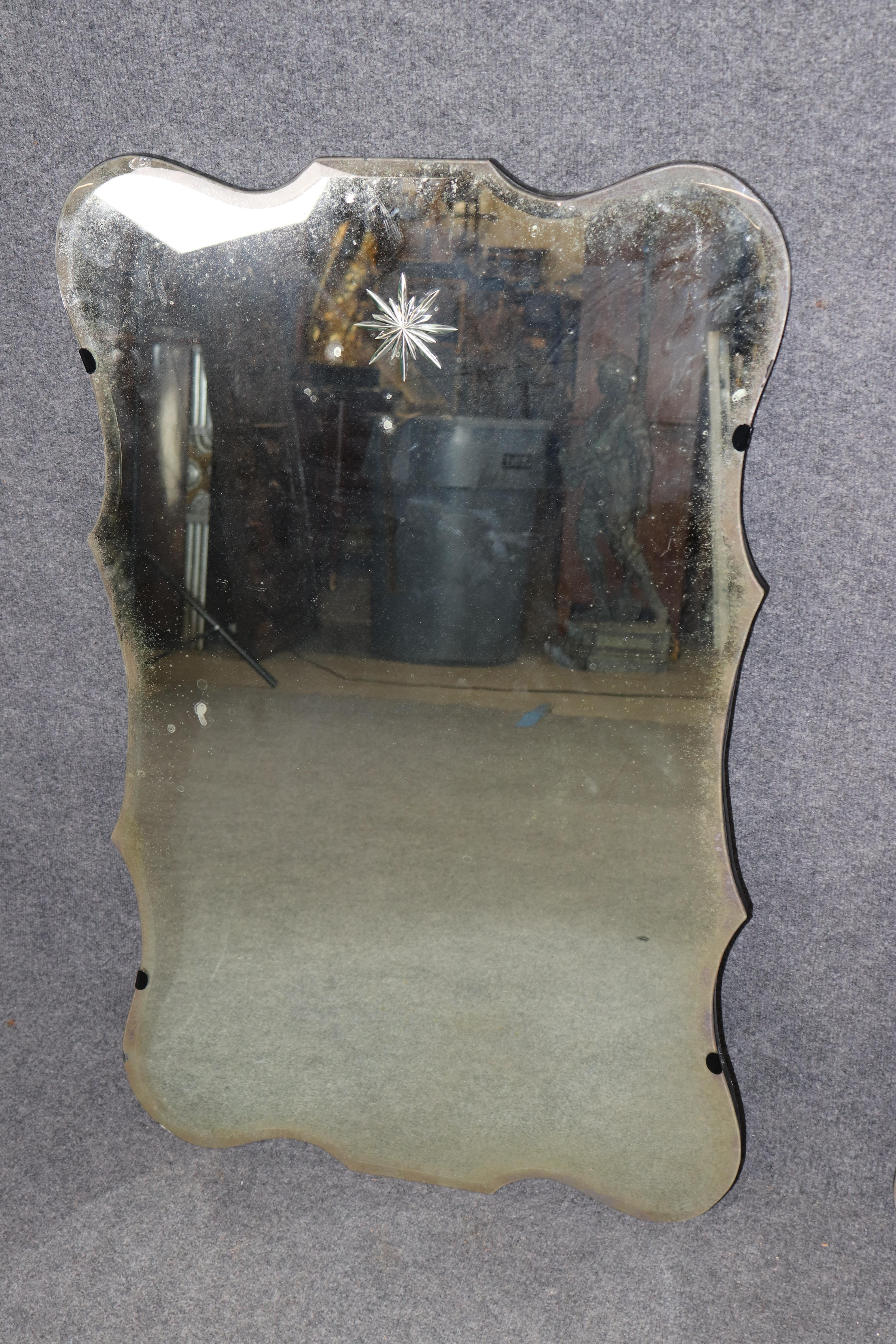 Hollywood Regency Pair of Maison Jansen Style Aged patina Mirror Etched Star Glass Mirrors For Sale