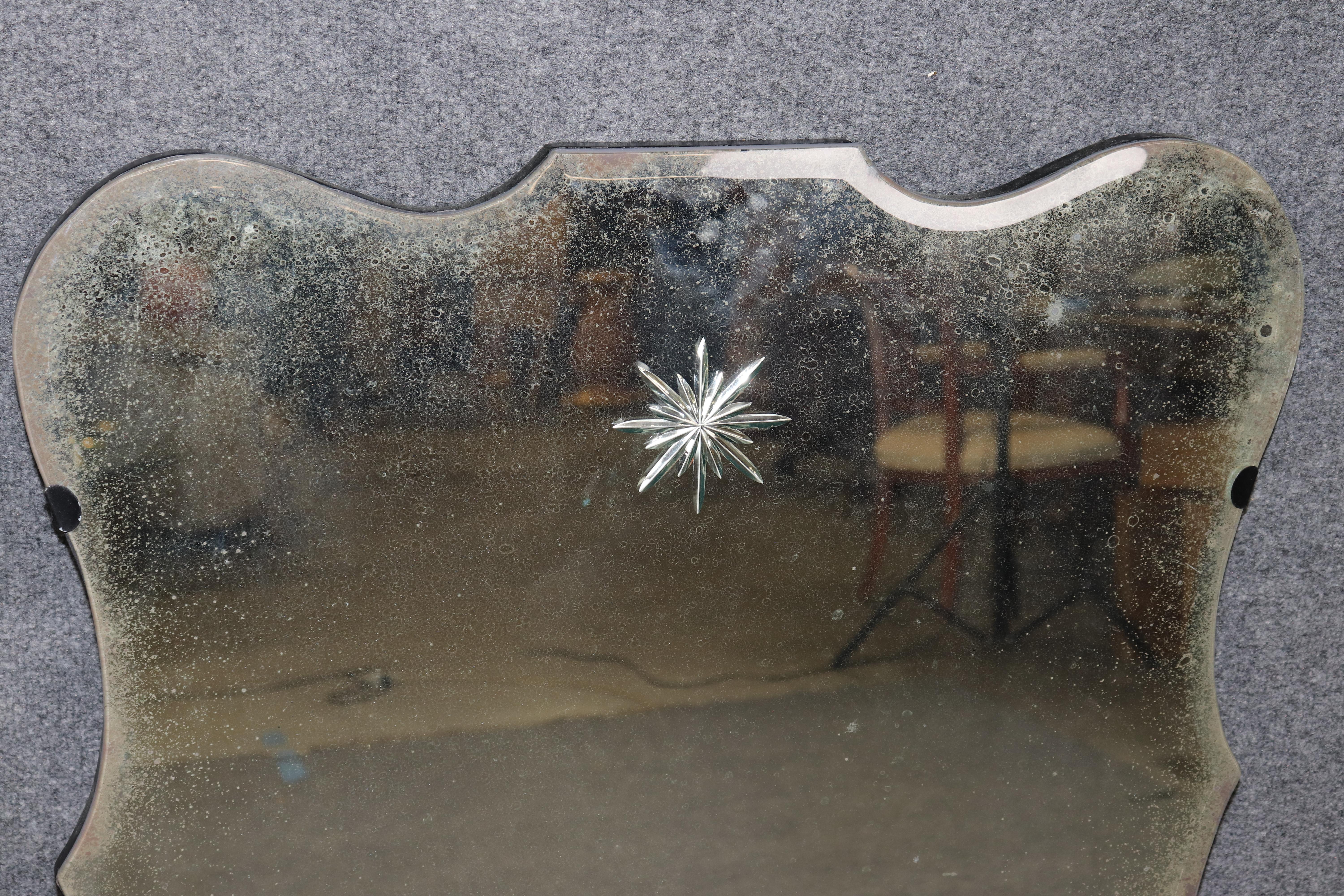 French Pair of Maison Jansen Style Aged patina Mirror Etched Star Glass Mirrors For Sale