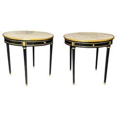 Pair of Maison Jansen Style Bouillotte or End Tables, Ebony Bronze Marble Top