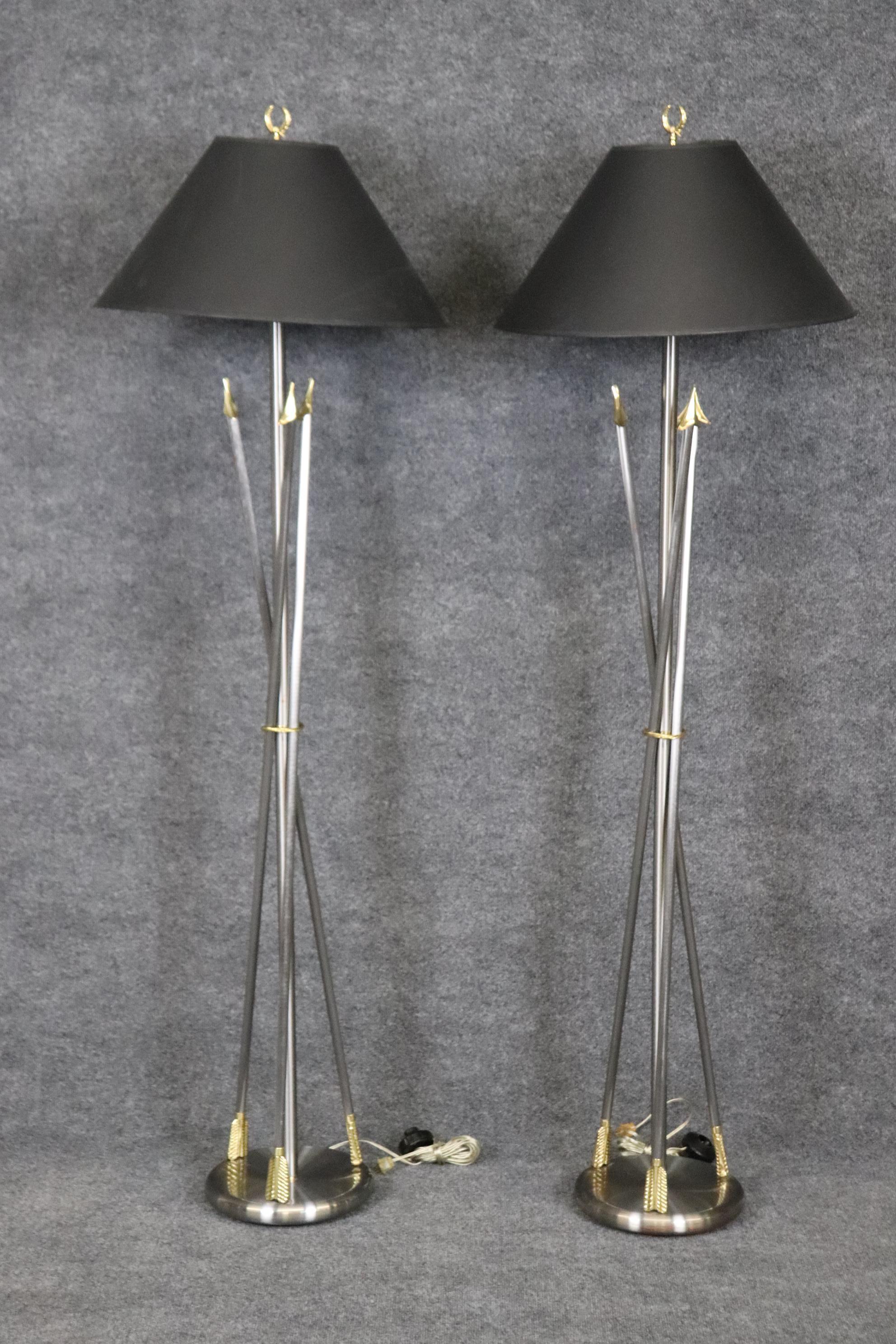 European Pair of Maison Jansen Style Brass and Steel Floor Lamps  For Sale