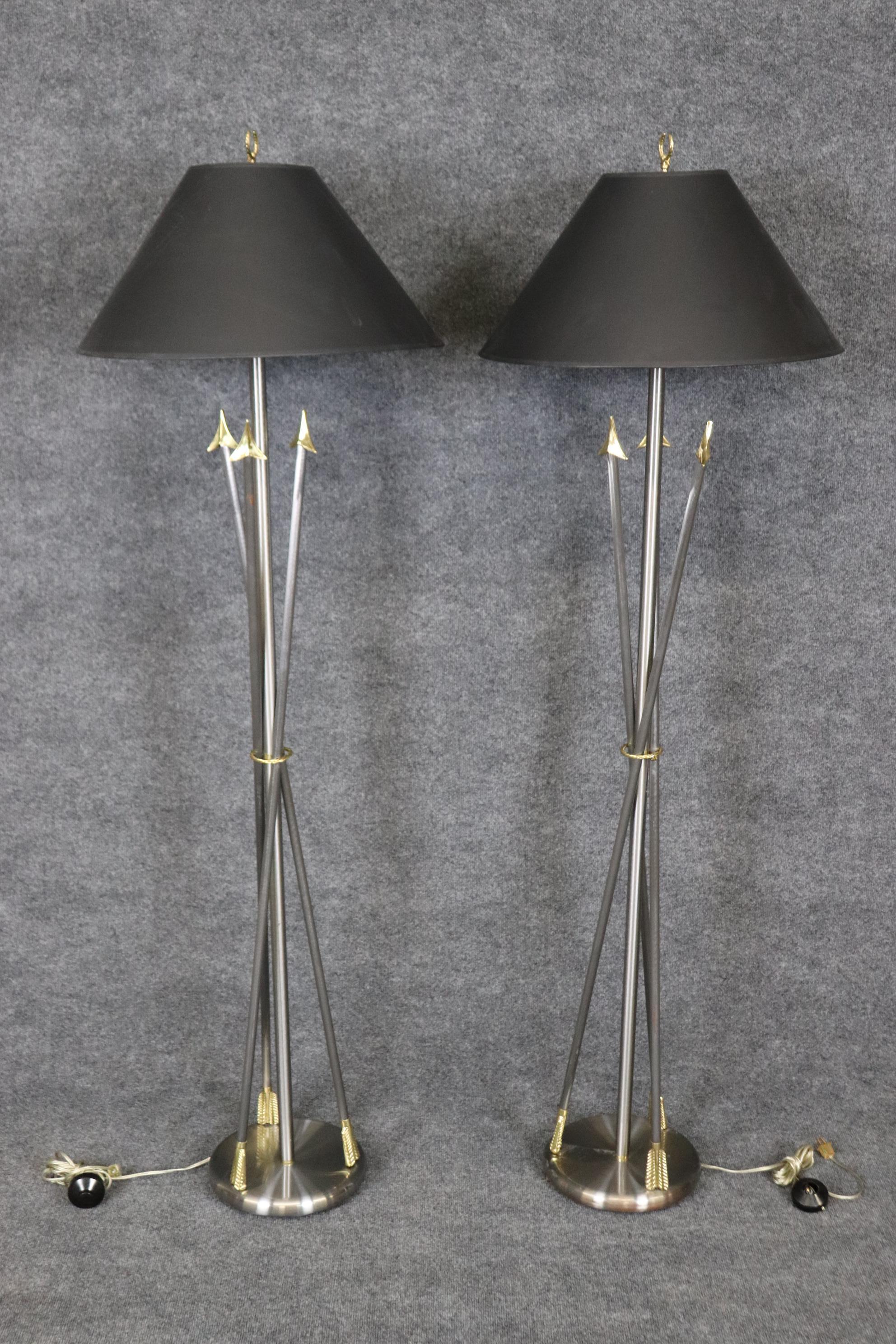 Pair of Maison Jansen Style Brass and Steel Floor Lamps  In Good Condition For Sale In Swedesboro, NJ