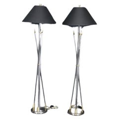 Vintage Pair of Maison Jansen Style Brass and Steel Floor Lamps 