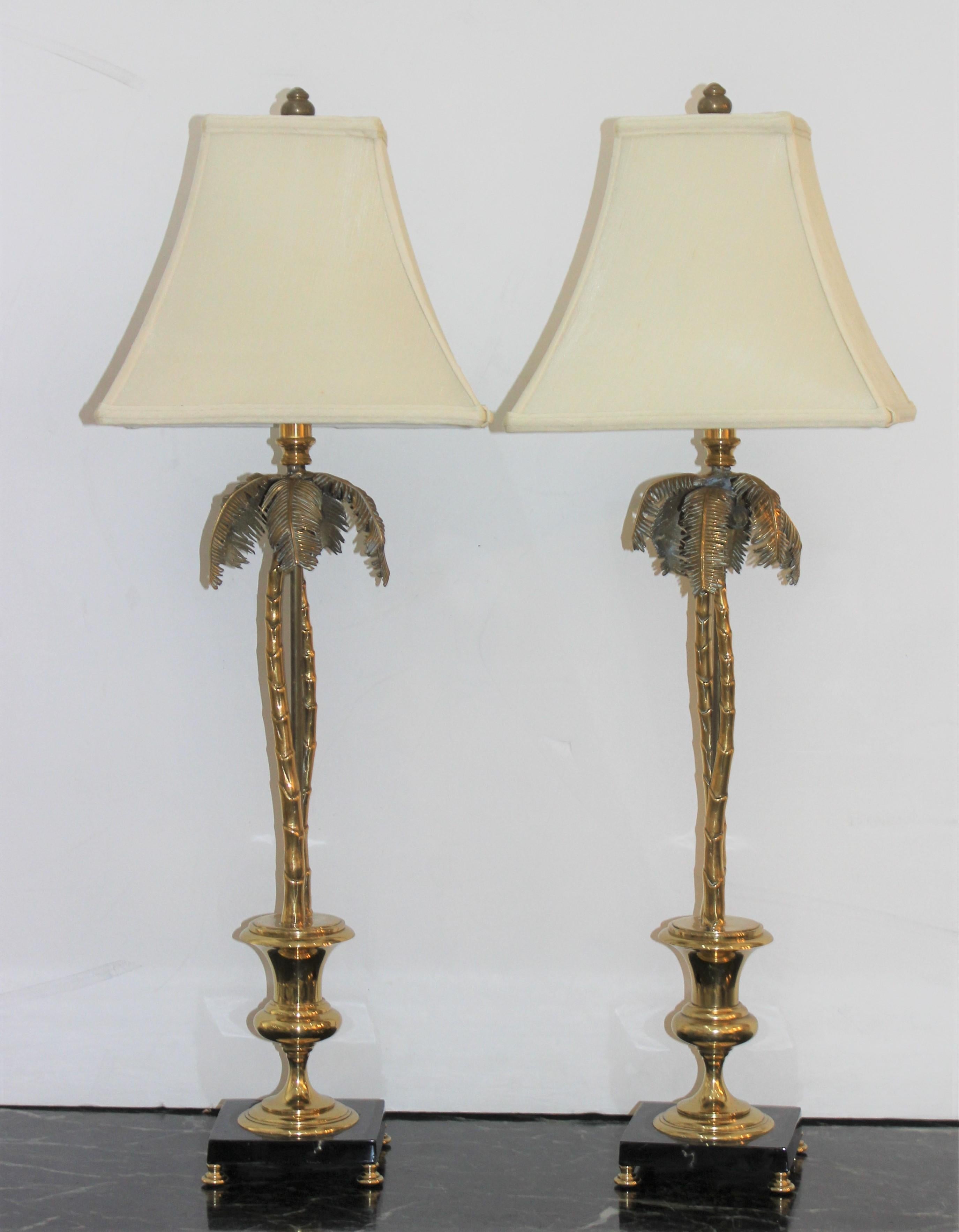 Hollywood Regency Pair of Maison Jansen Style Brass Palm Tree Lamps