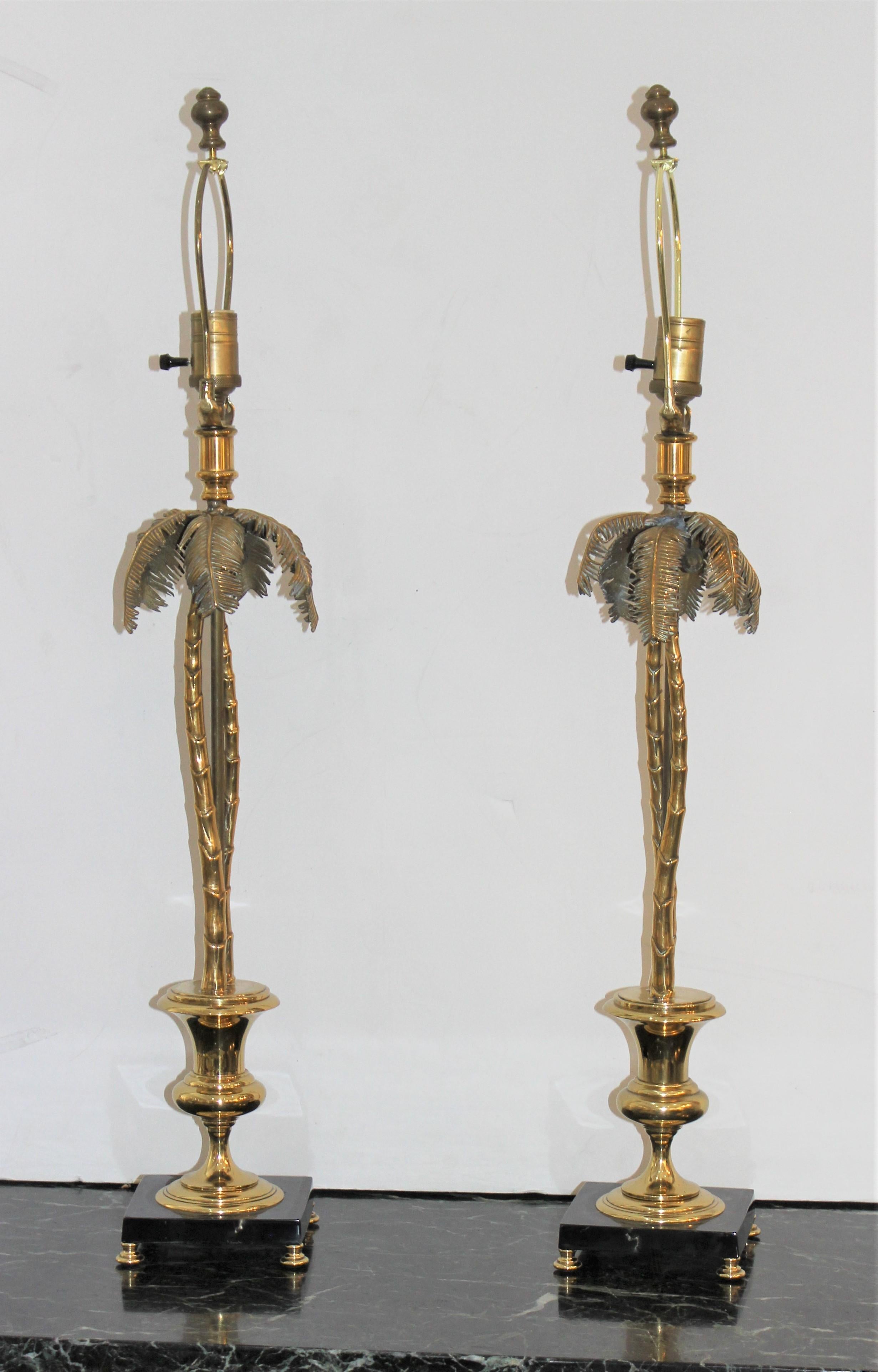 Italian Pair of Maison Jansen Style Brass Palm Tree Lamps