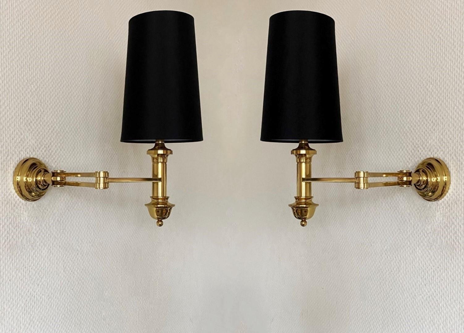 Mid-Century Modern Pair of Maison Jansen Style Brass Swing Arm Wall Sconces Lights, 1960s For Sale